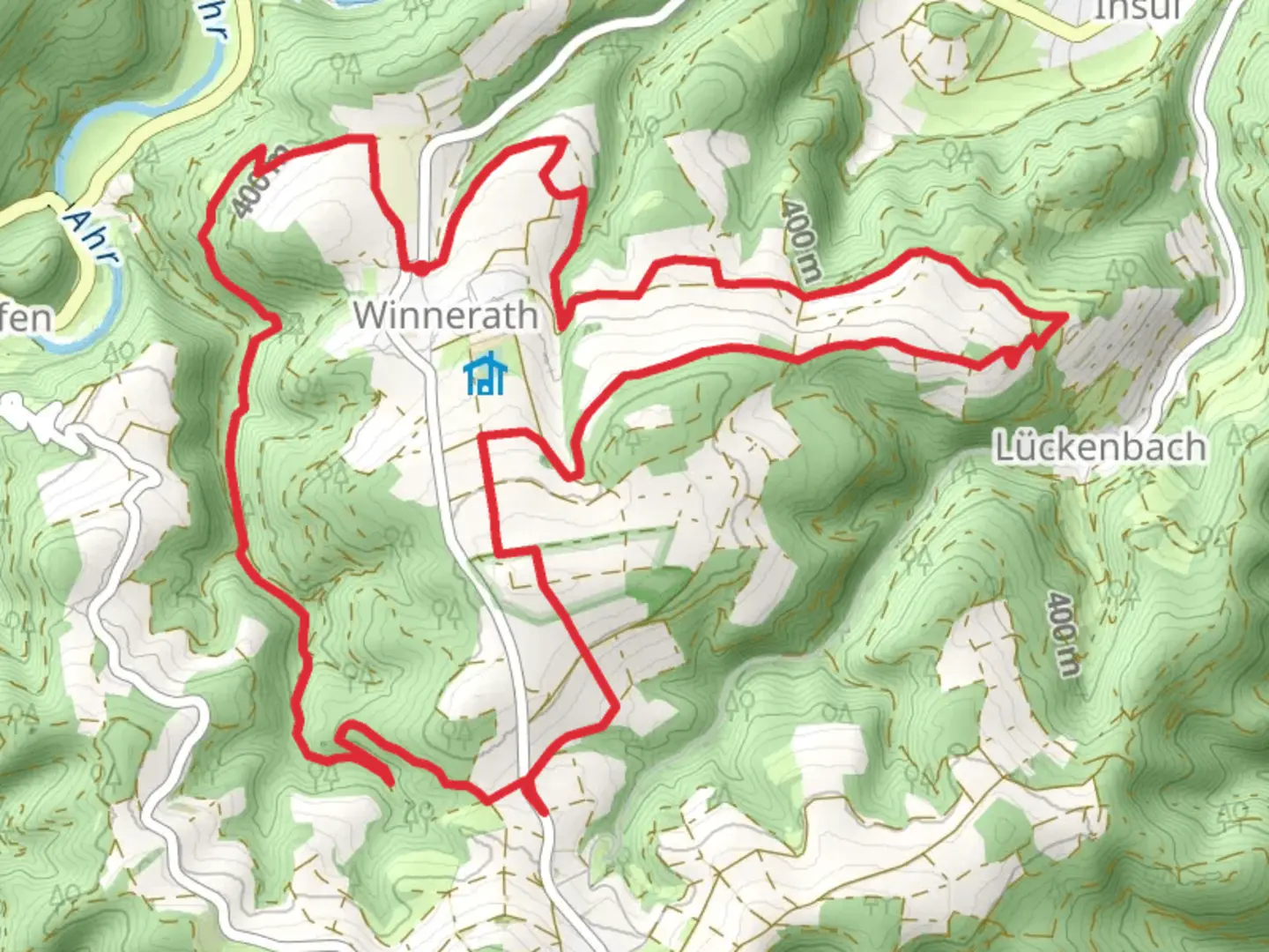 An image depicting the trail Winnerath Loop via Auf der Honnerkupp and Hursnuck and its surrounding area.