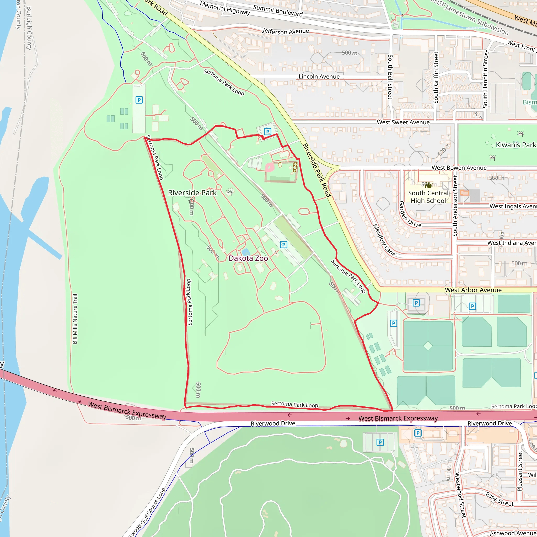 Riverside Park and Dakota Zoo Loop mobile static map