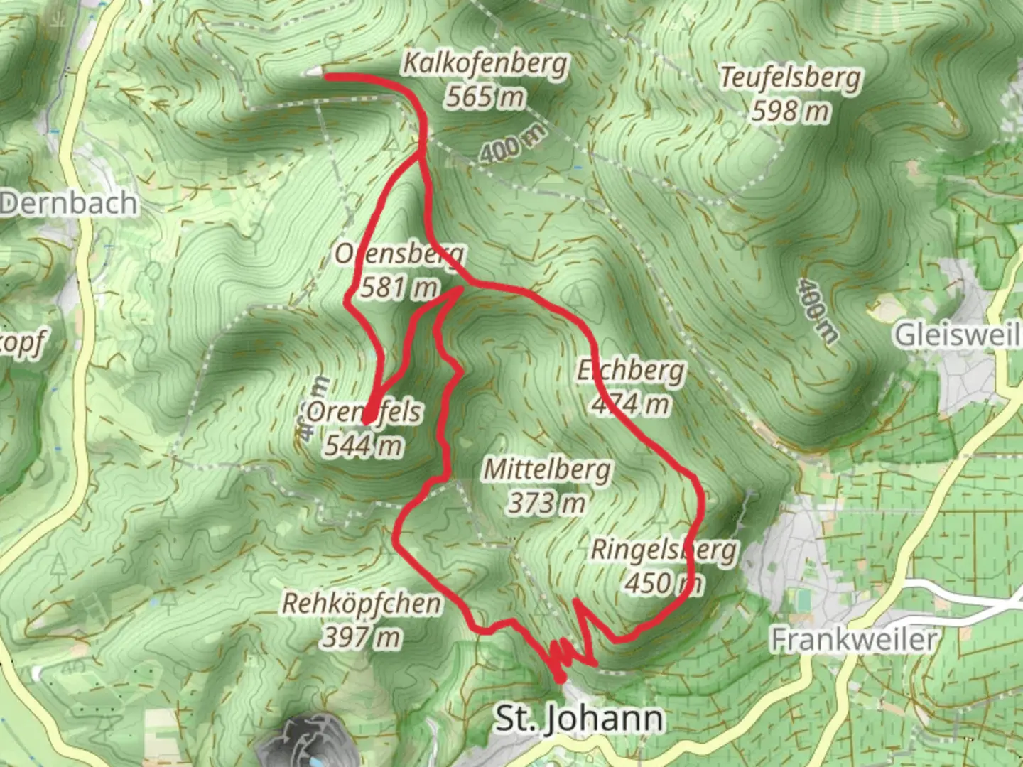 An image depicting the trail Orensfels, Neuscharfeneck and Ringelsberghutte Loop and its surrounding area.