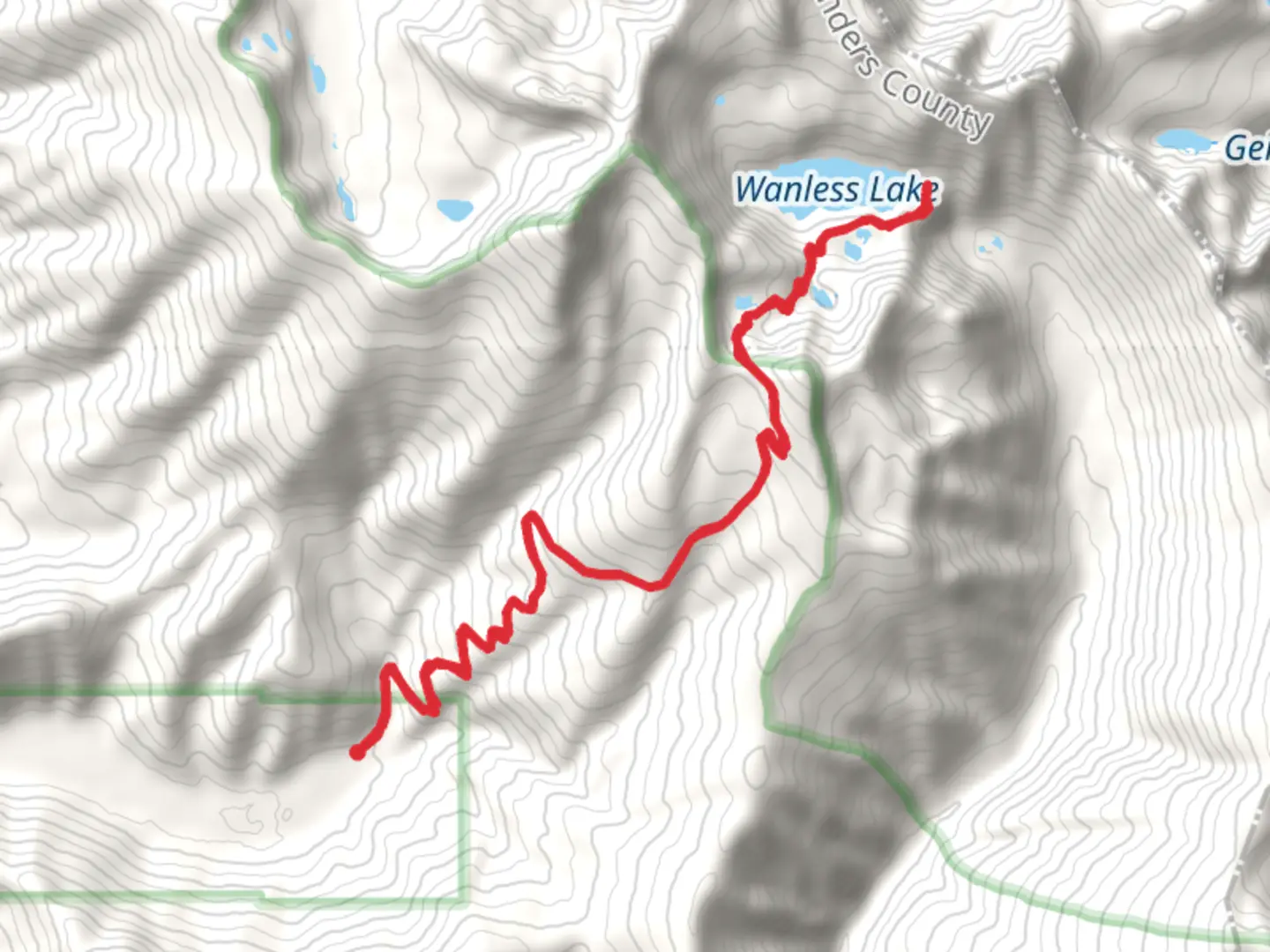 An image depicting the trail Wanless Lake via Pack Trail and its surrounding area.
