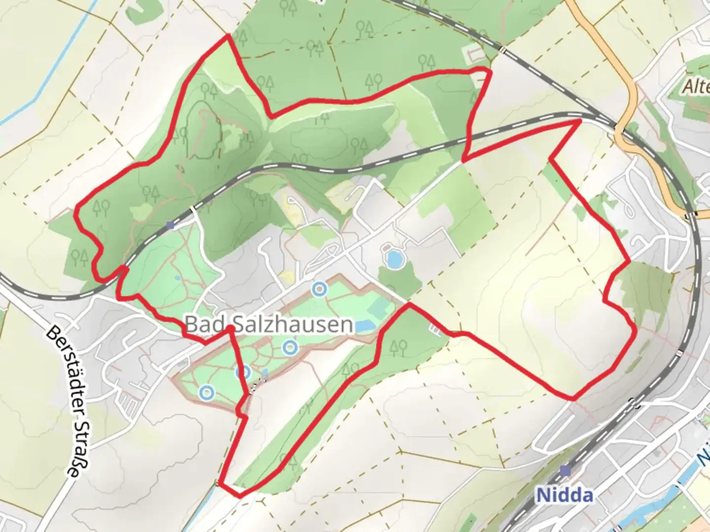 An image depicting the trail Kurpark Bad Salzhausen, Soderkoppel and Saz Quelle Loop - Bad Salzhausen and its surrounding area.