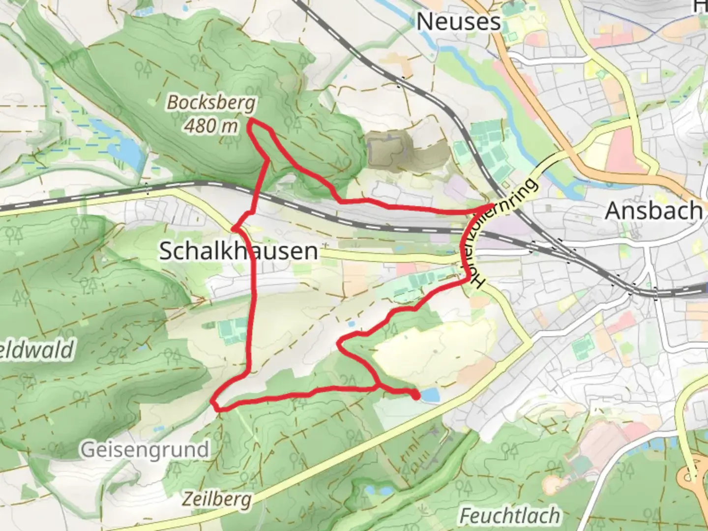 An image depicting the trail Ansbach Stadtwald Loop and its surrounding area.