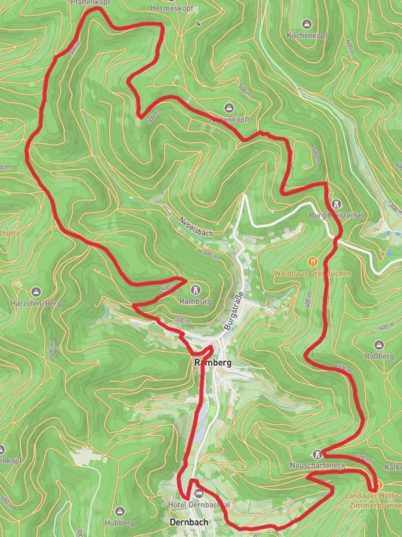 An image depicting the trail Ramberg and Ruine Neuscharfeneck Loop and its surrounding area.