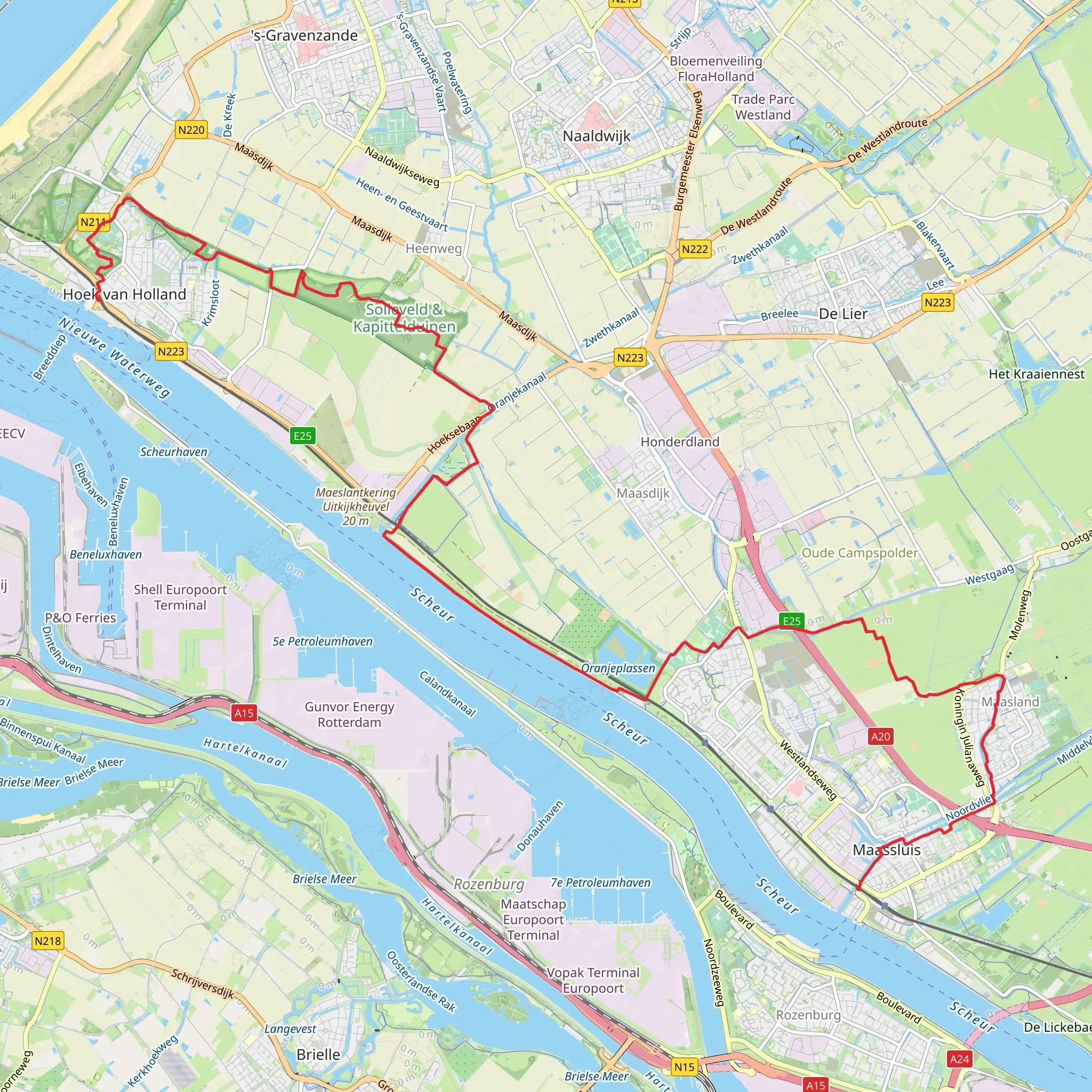 Maassluis to Hook of Holland via De Oranjeplassen and Staelduinse Bos mobile static map
