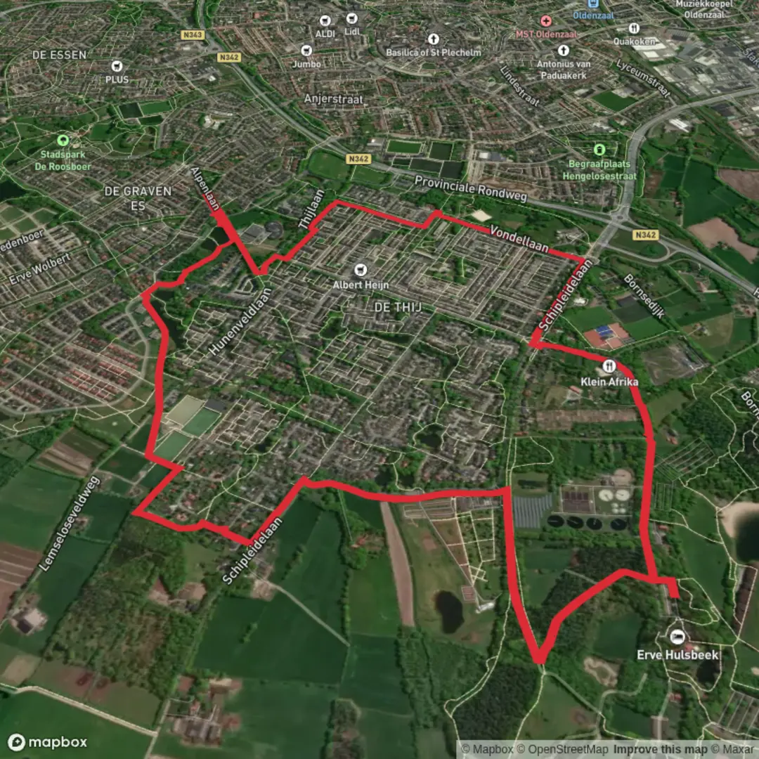 An image depicting the trail Twentw Rondje Oldenzaal and Hunenveld Weg and its surrounding area.