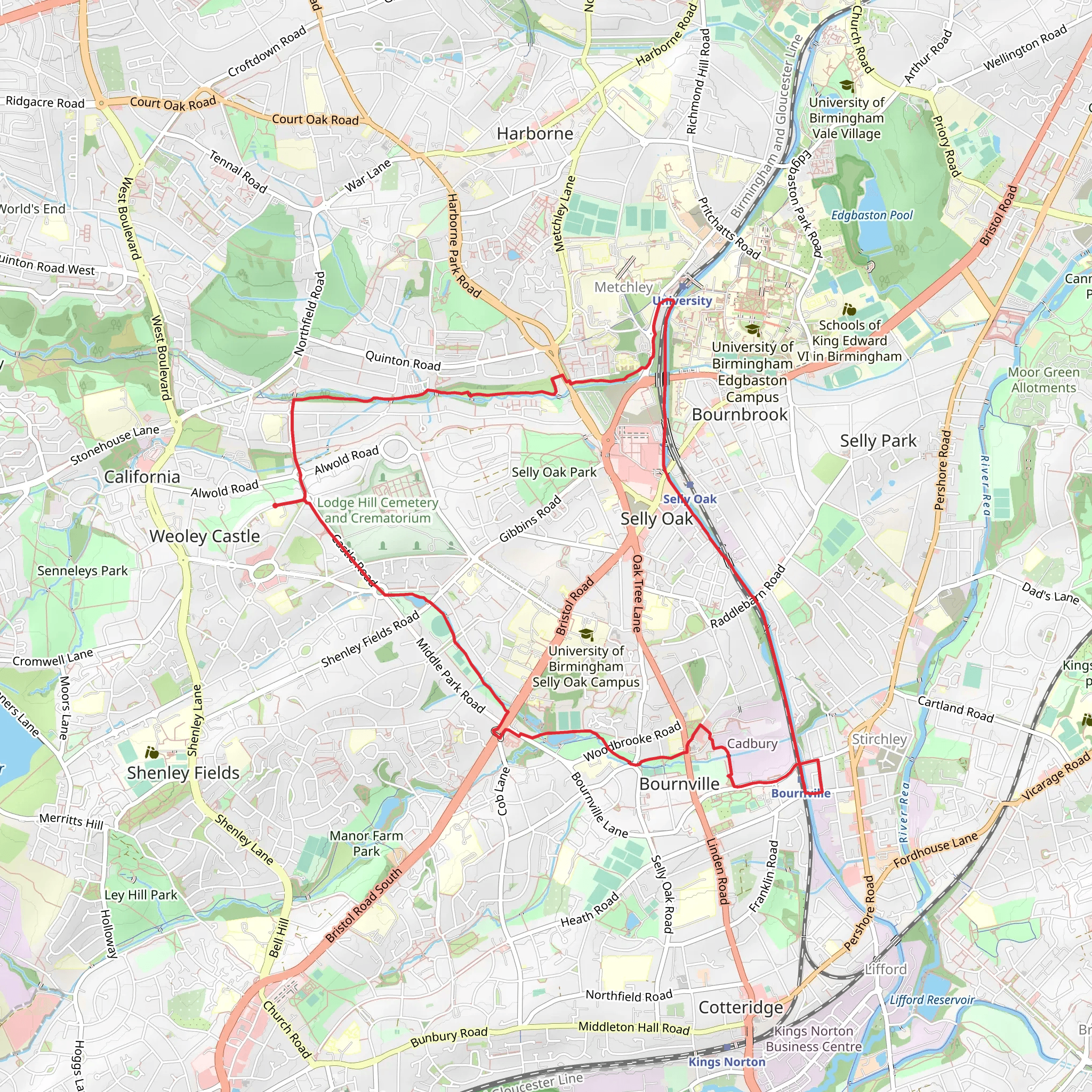 Selly Oak and Bournville Circular Walk mobile static map
