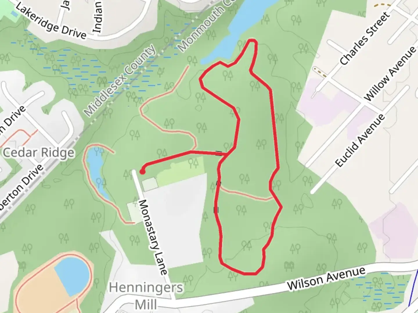 An image depicting the trail Inspiration Point Trail and Woods Walk North Loop and its surrounding area.