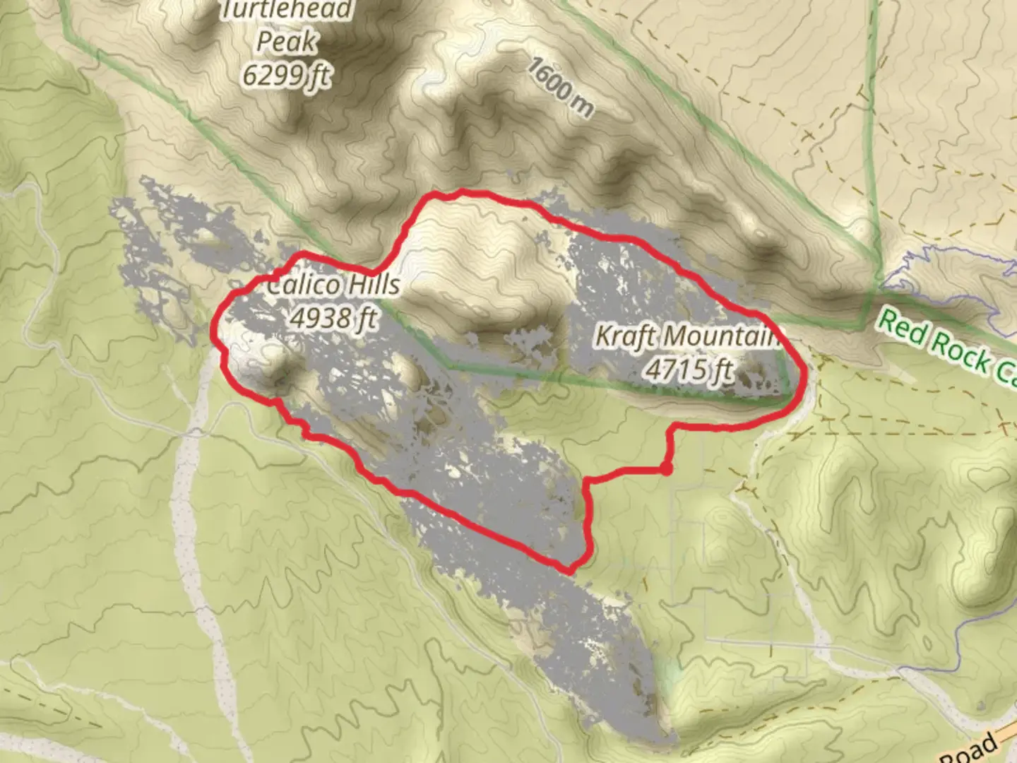 An image depicting the trail Guardian Angel, Calico Hills Trail and Kraft Mountain Loop and its surrounding area.