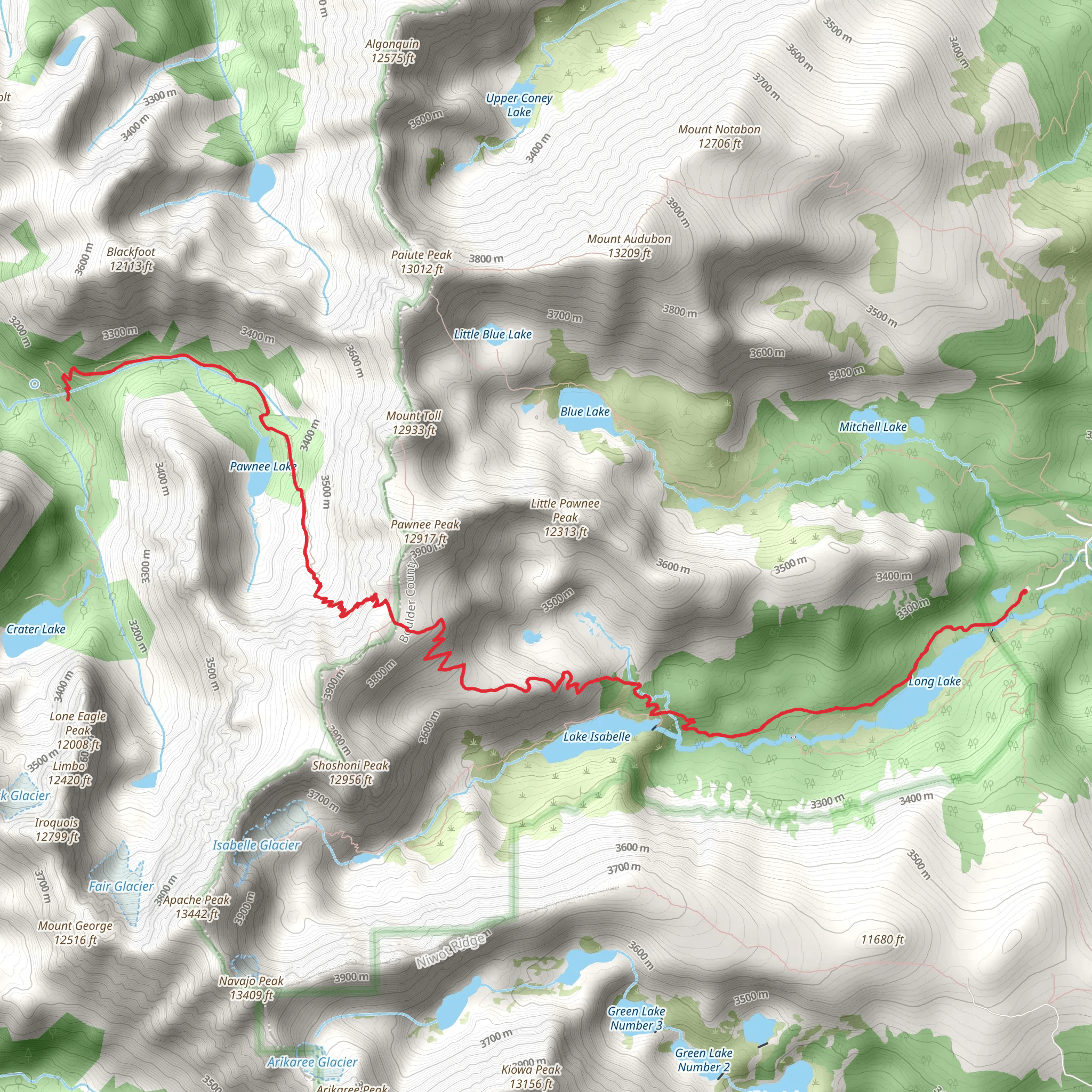 Long Lake, Isabelle Lake and Pawnee Lake via Pawnee Pass Trail mobile static map