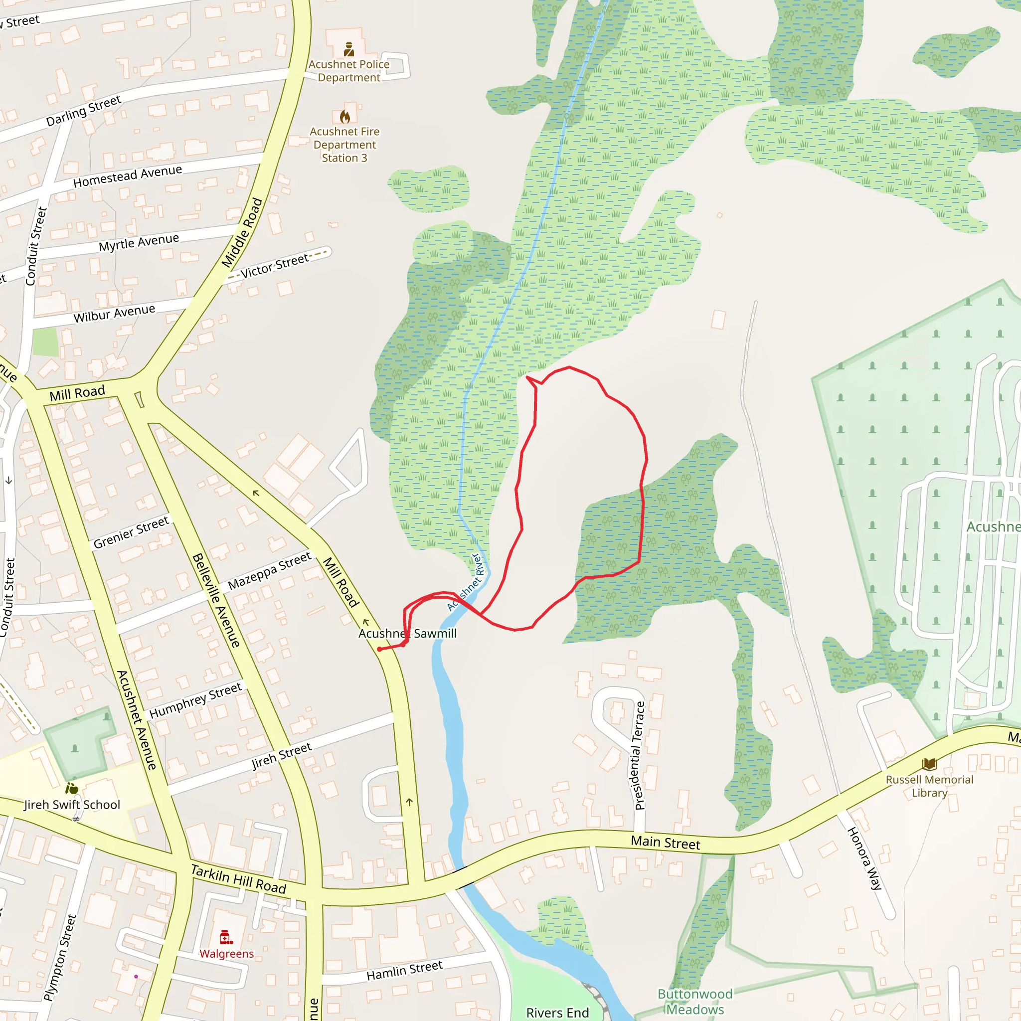 Mill Pond Loop via Acushnet River mobile static map