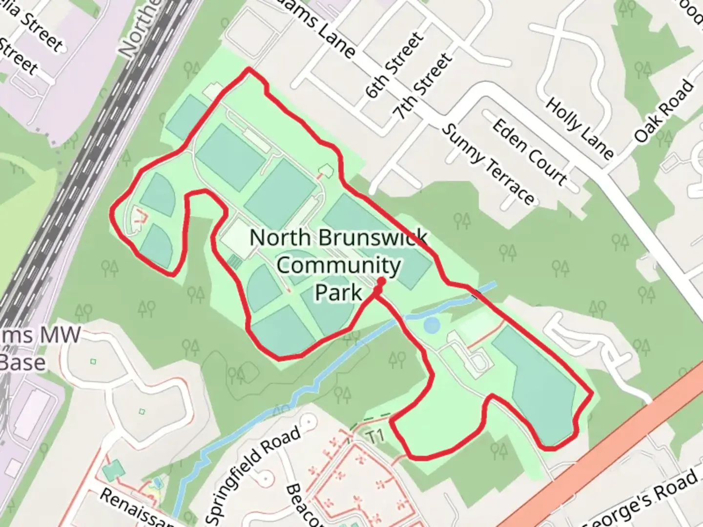 An image depicting the trail North Brunswick Community Park Loop and its surrounding area.