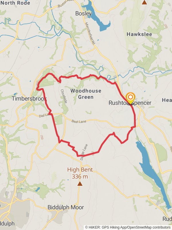 Map of The Cloud from Rushton Spencer, Staffordshire