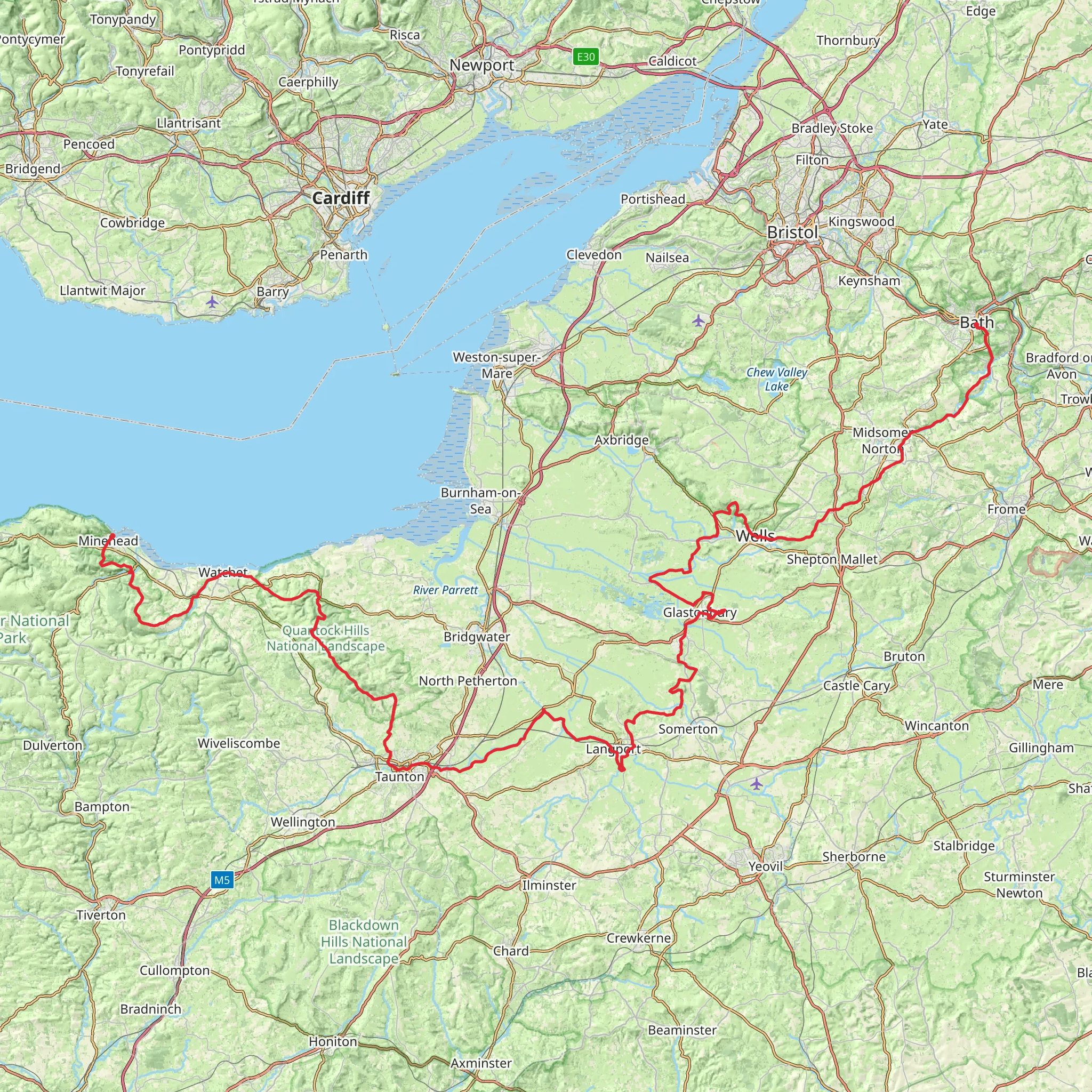 Minehead to Bath Abbey in Somerset mobile static map