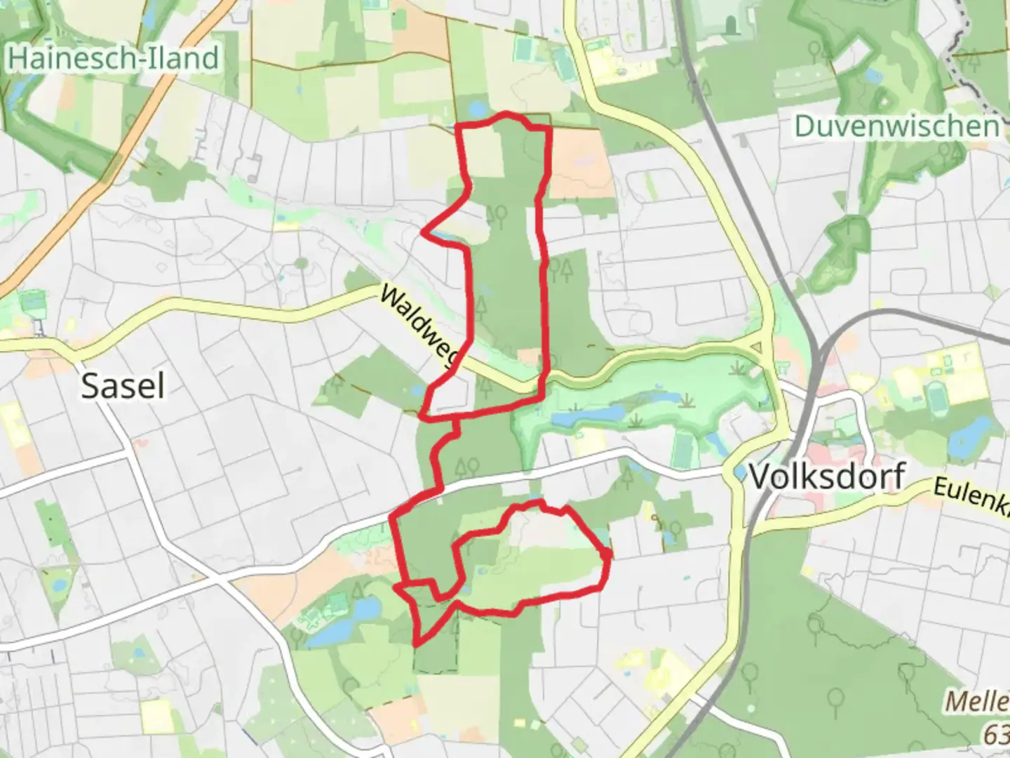 An image depicting the trail Diekkampgraben via Volksdorfer Rundwanderweg and its surrounding area.