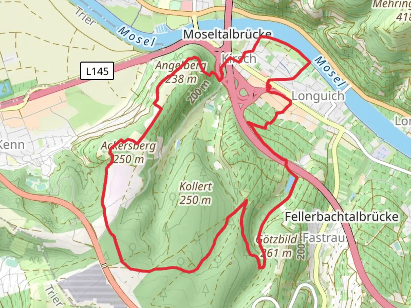 An image depicting the trail Angelberg via Seitensprung Longuicher Sauerbrunnen and its surrounding area.