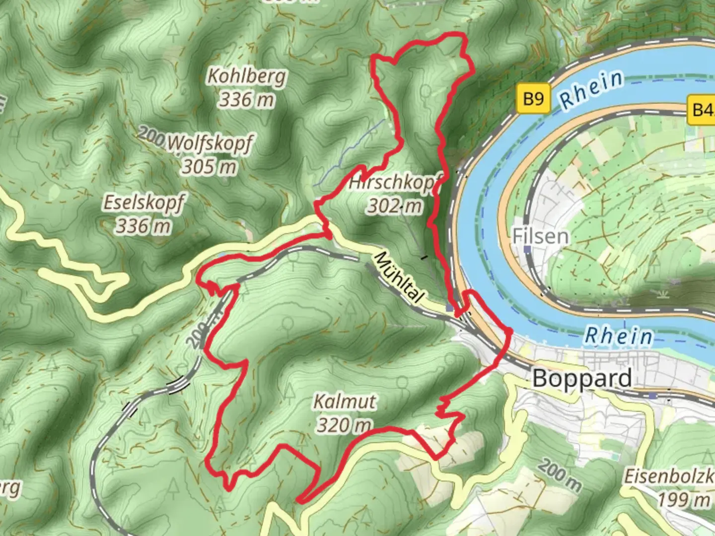 An image depicting the trail Boppard Loop and its surrounding area.