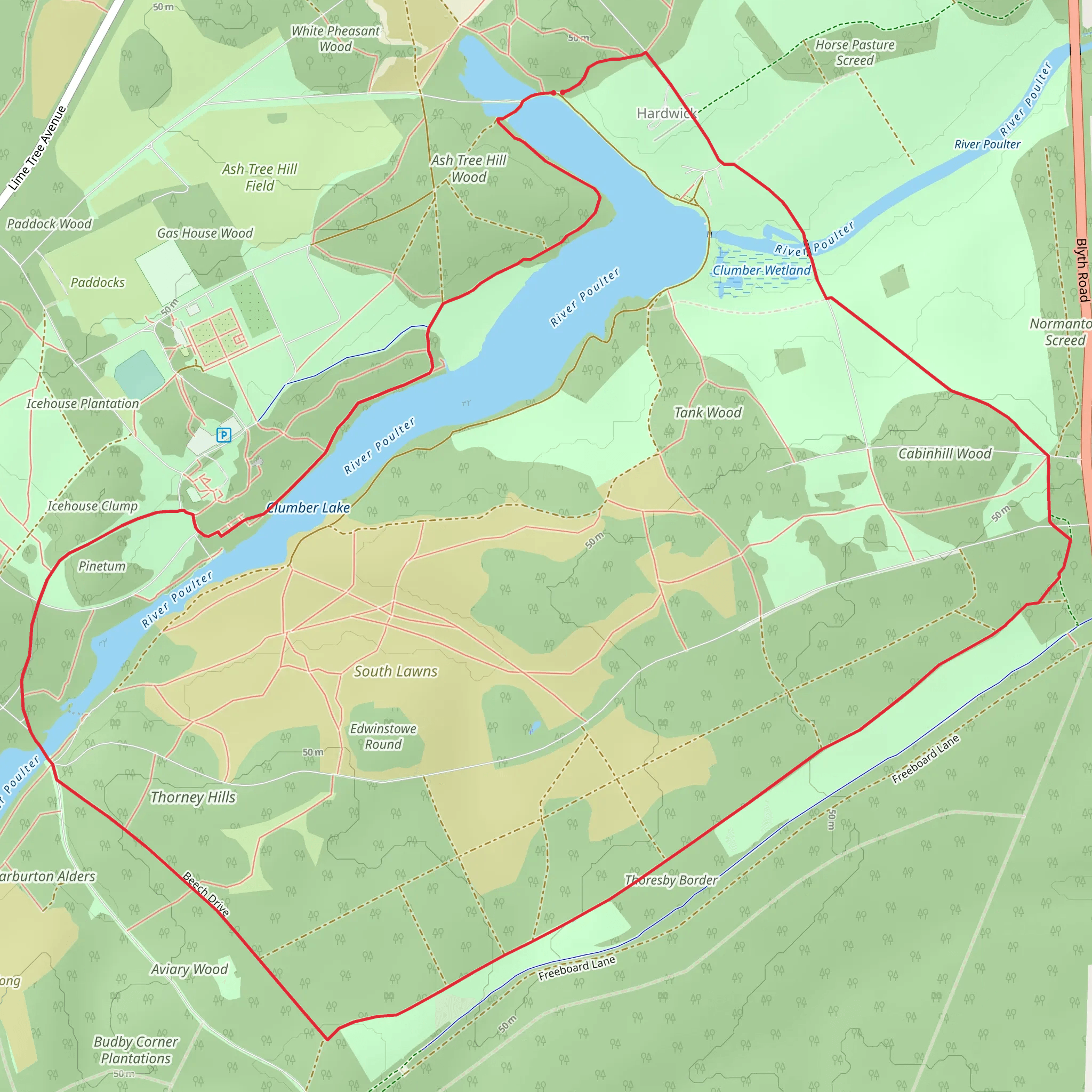 Clumber Country Park Loop mobile static map