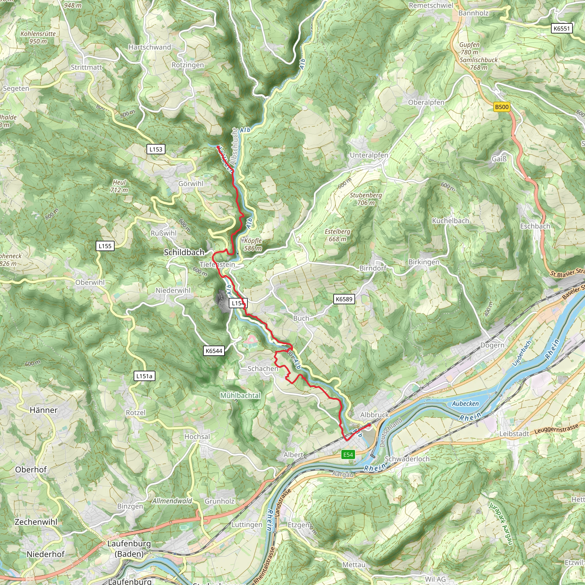 Albbruck to Görwihl Walk via Hollbach Wasserfalle mobile static map