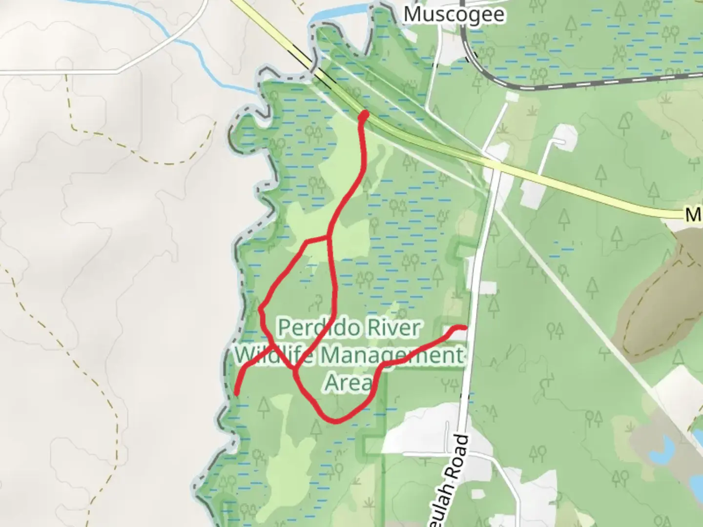An image depicting the trail Loop beside Perdido River - Muscogee Road and its surrounding area.