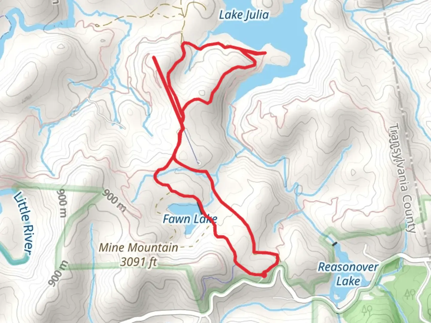 An image depicting the trail Fawn Lake Road, Airstrip and Lake Julia Road Loop and its surrounding area.
