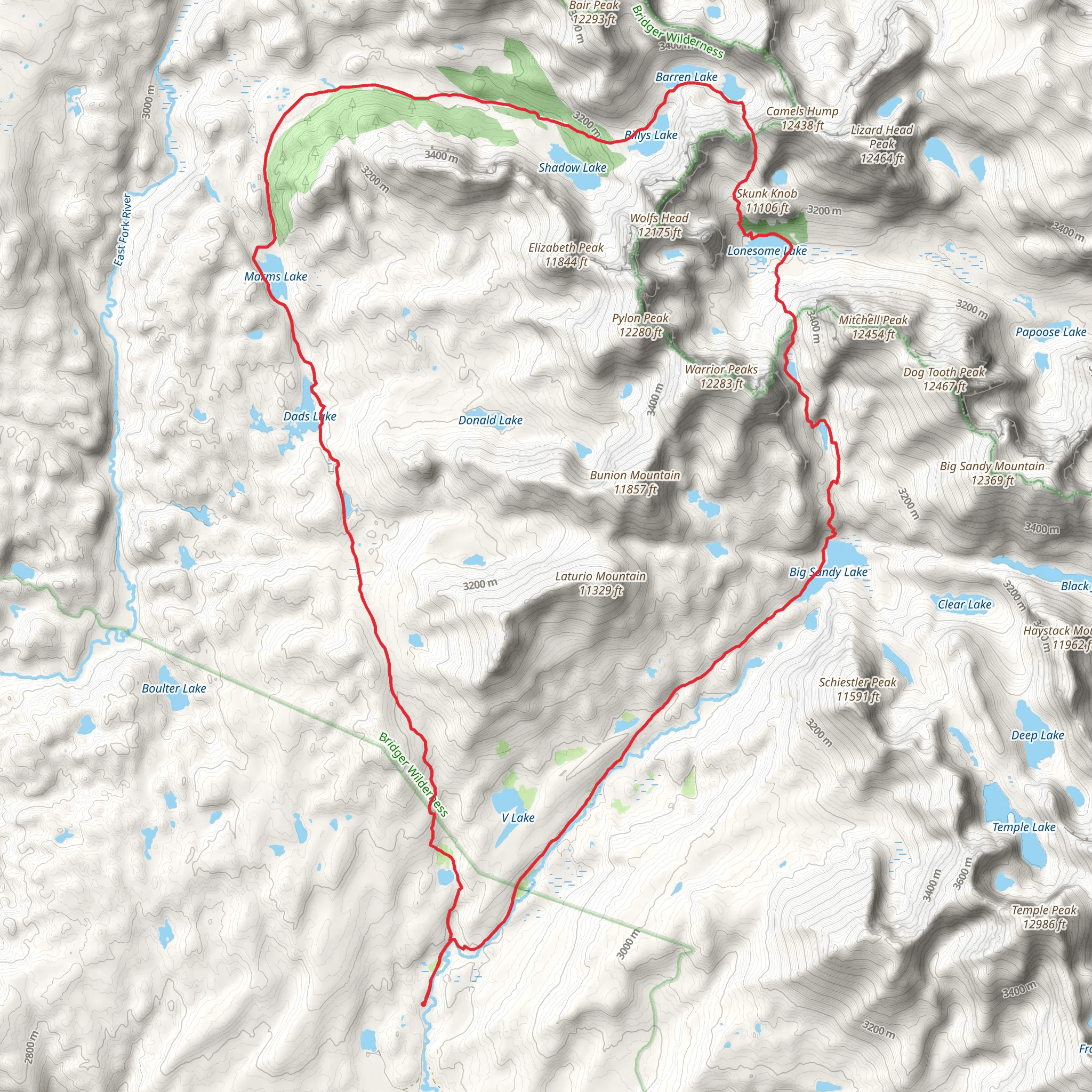 Dads Lake, Marms Lake, Lonesome Lake and Big Sandy Lake Loop via Fremont mobile static map