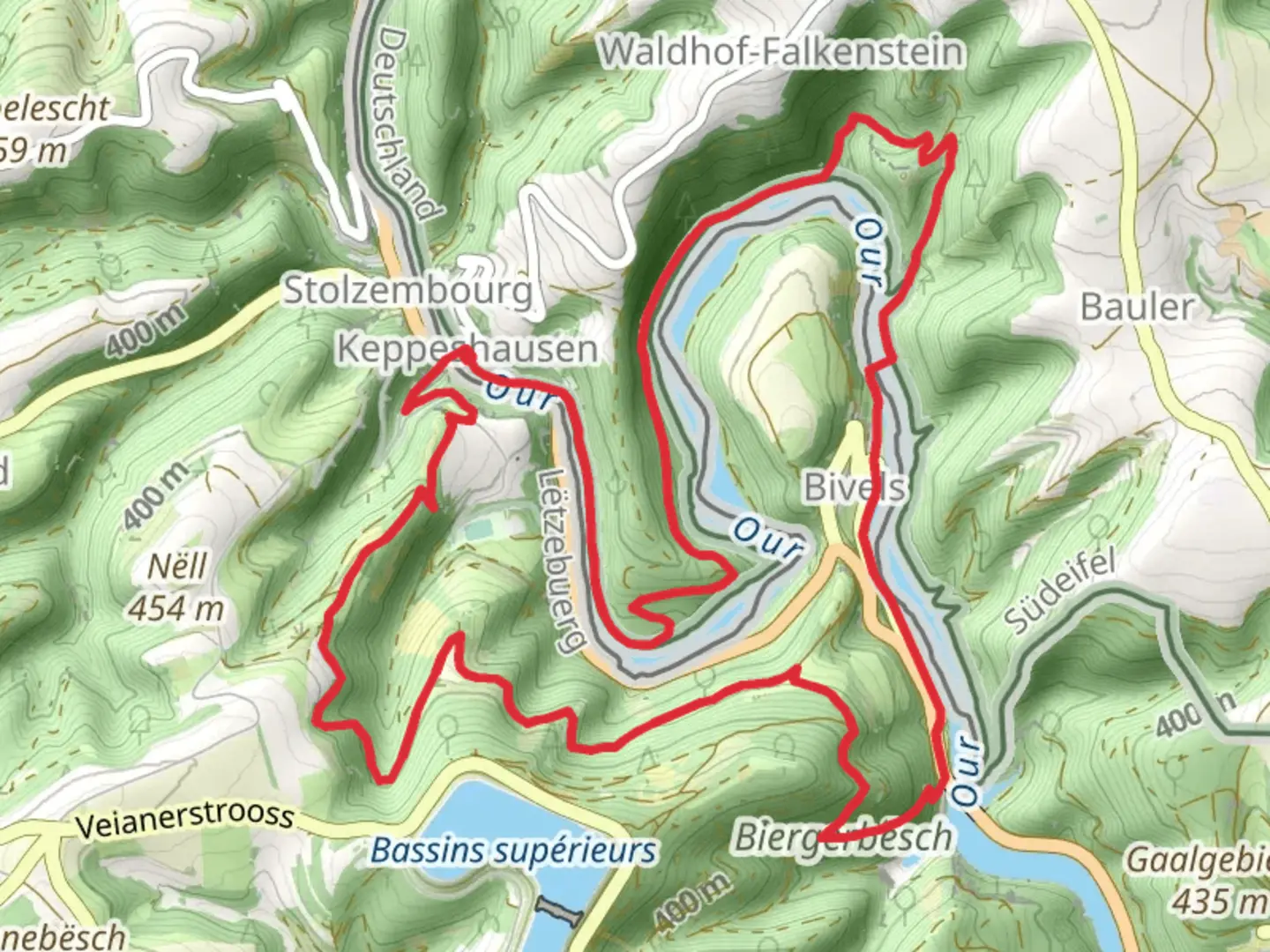 An image depicting the trail Keppeshausen to Bivel Loop via Our and its surrounding area.
