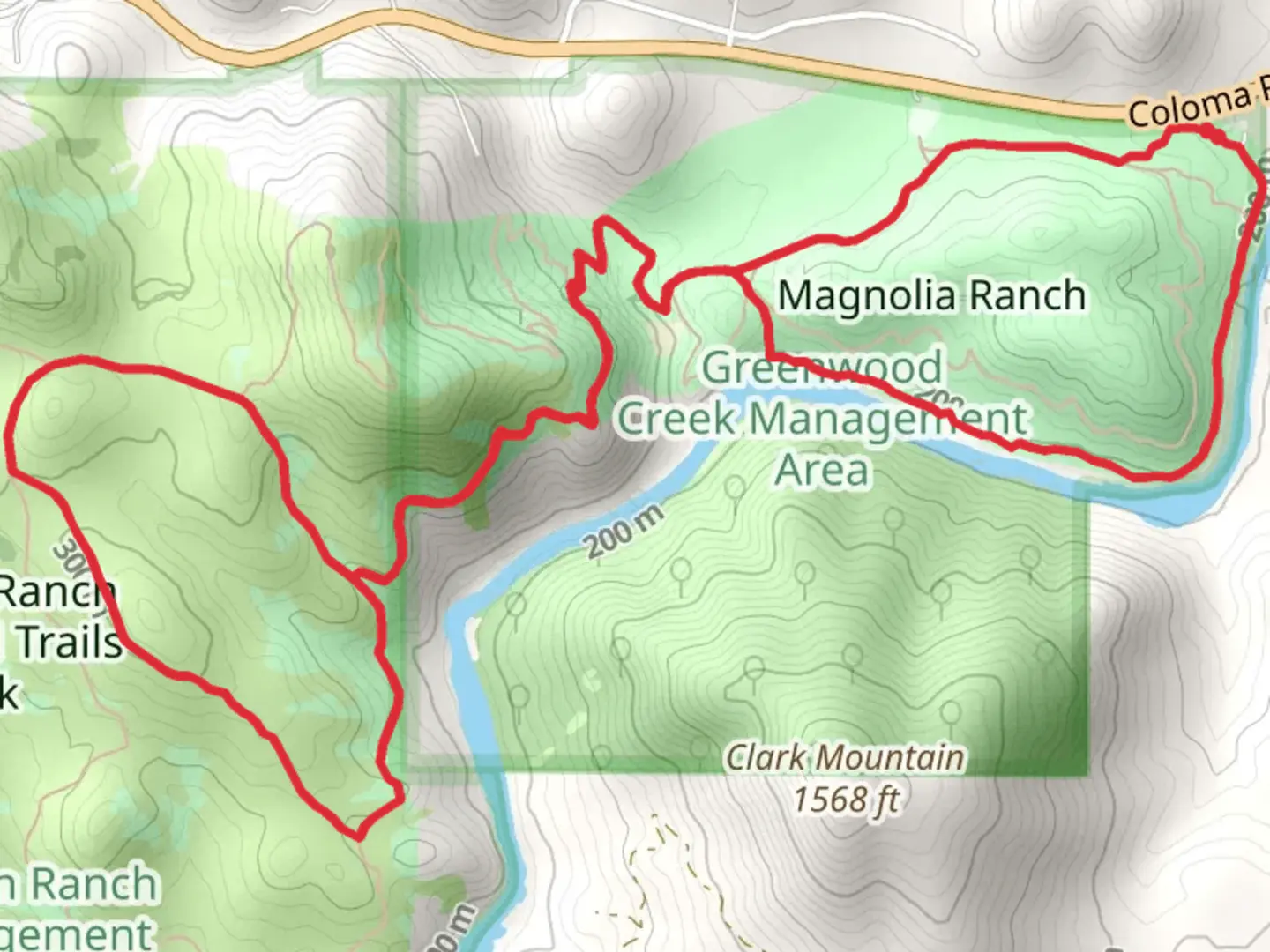 An image depicting the trail Gerle Loop Trail and Cronan Ranch Regional Park Loop and its surrounding area.