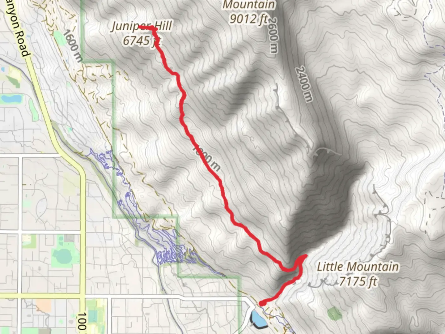 An image depicting the trail Juniper Hill via Mahogany Bench Trail and its surrounding area.