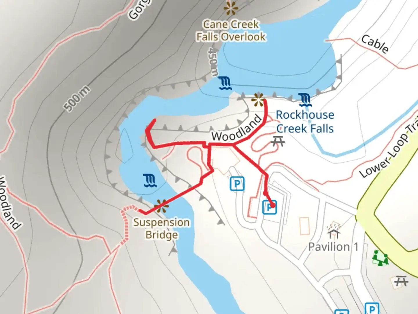 An image depicting the trail Cane Creek and Suspension Bridge and its surrounding area.