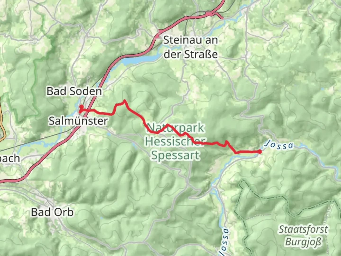 An image depicting the trail Bad Soden - Salmuenster to Marjoss via Kulturweg Jossgrund and its surrounding area.