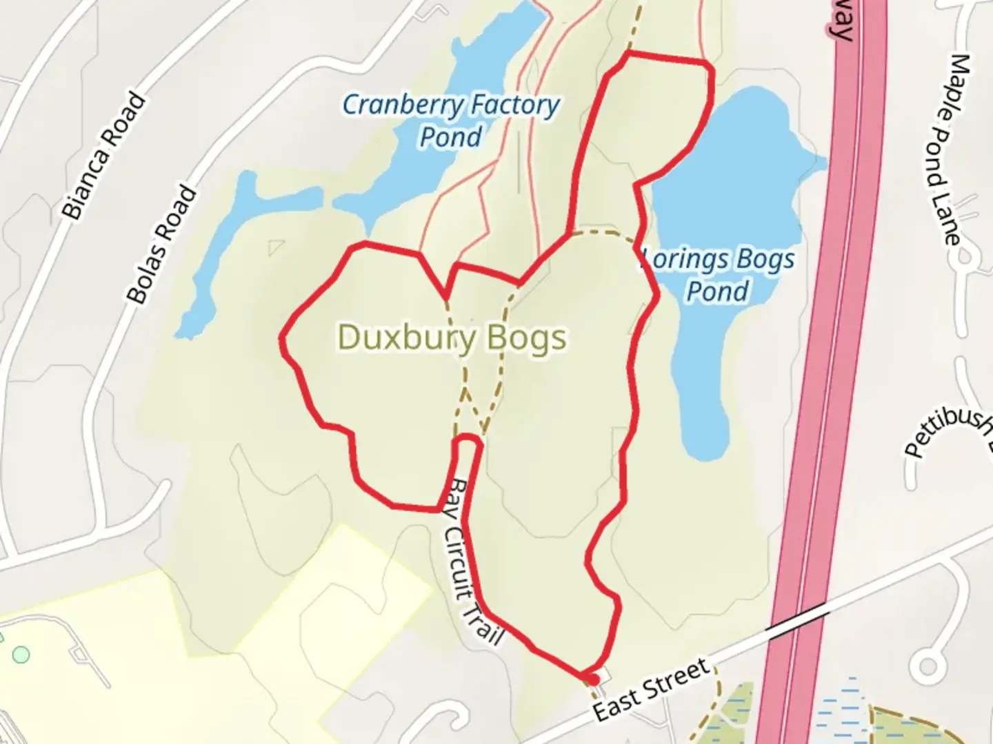 An image depicting the trail Cranberry Factory Pond Loop and its surrounding area.