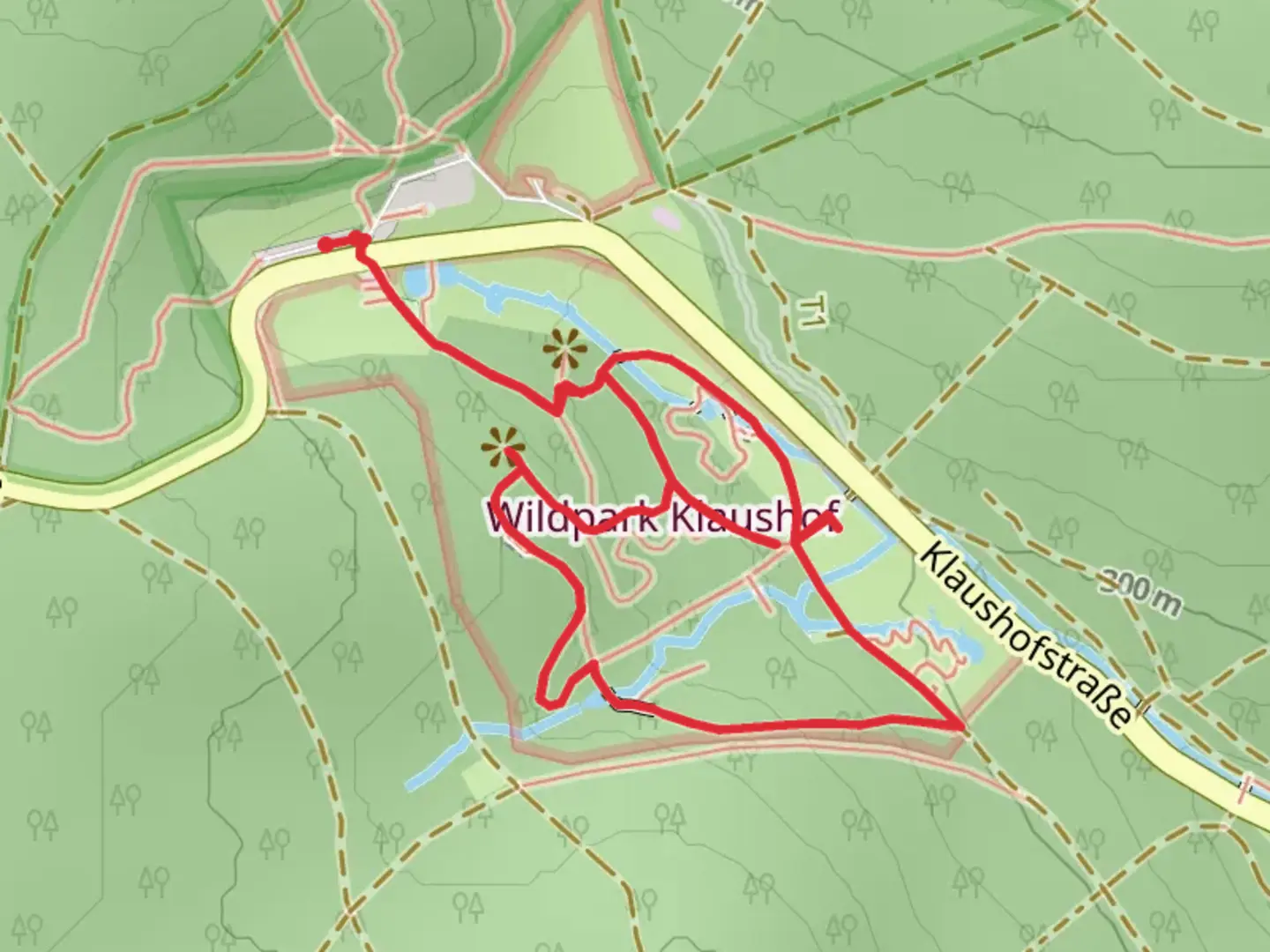 An image depicting the trail Birkhuhn and Fischotter in Wildpark Klaushof and its surrounding area.