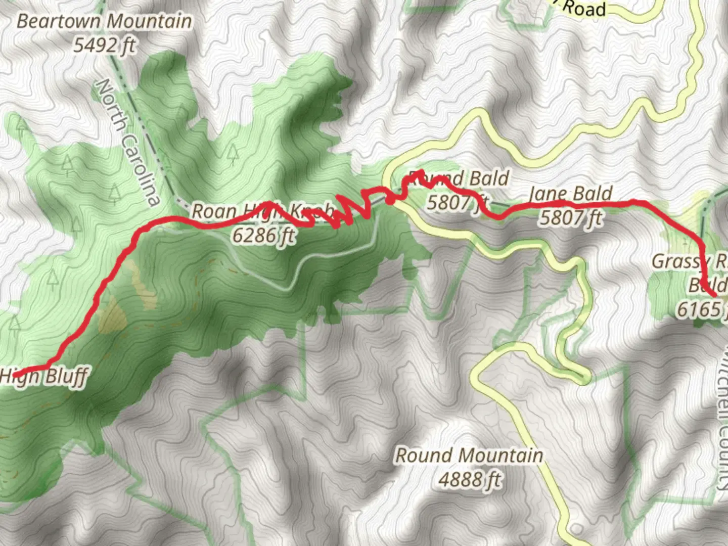 An image depicting the trail Round Bald, Grassy Ridge Bald and Roan High Knob via Appalachian Trail and its surrounding area.