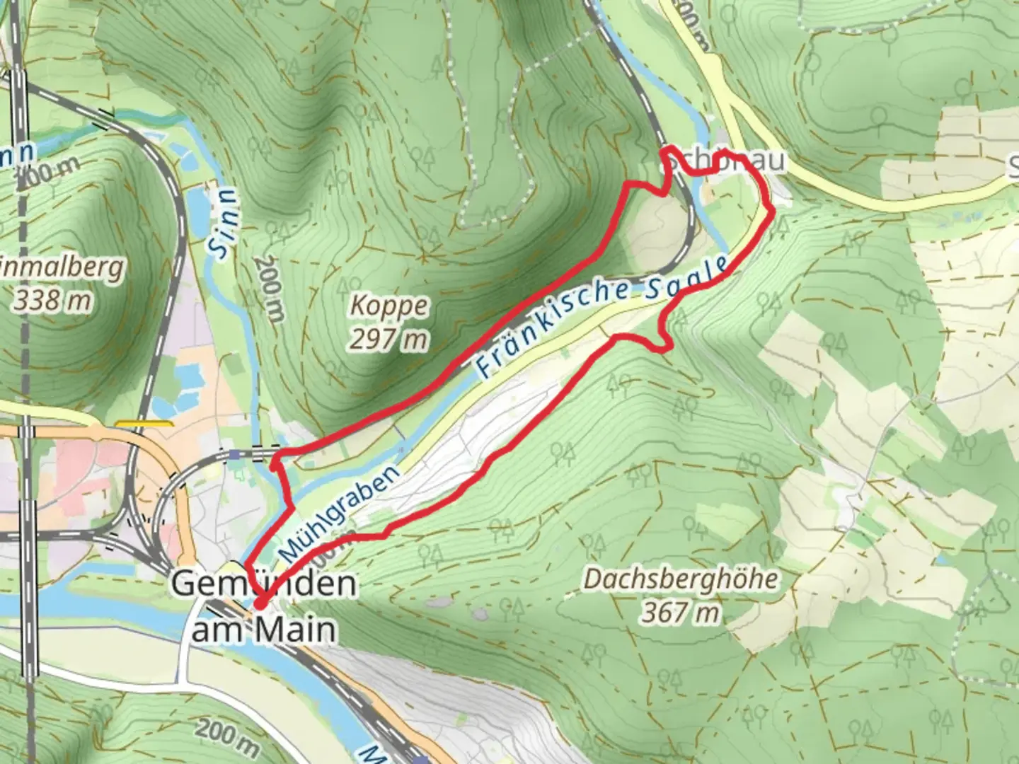 An image depicting the trail Fränkischer MArienweg Route and Ortswanderweg Gemuenden 1 and its surrounding area.