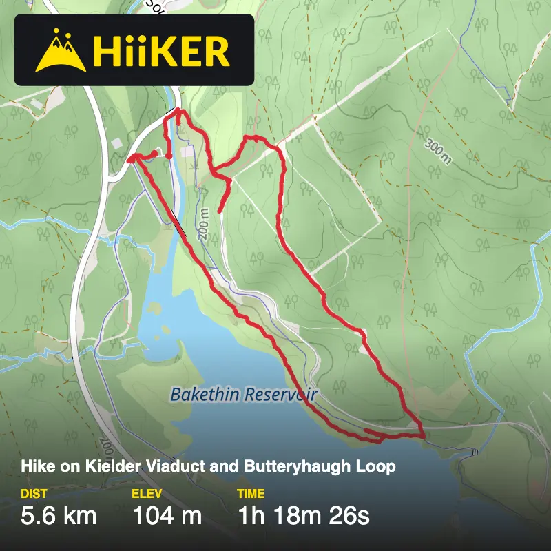 A map preview of the recording Hike on Kielder Viaduct and Butteryhaugh Loop.