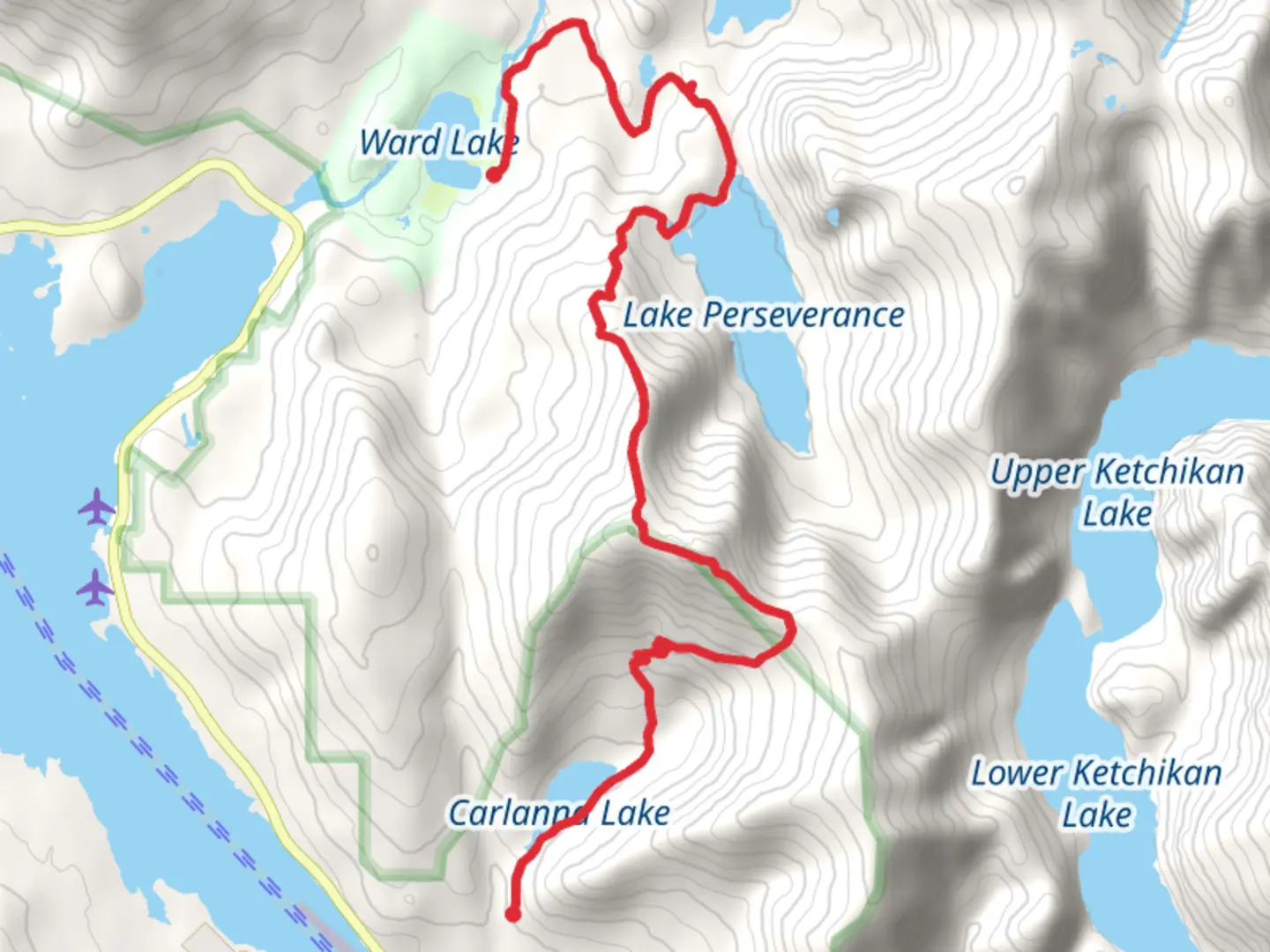 An image depicting the trail Carlanna Lake Trail, Minerva Mountain Trail and Preseverance Trail and its surrounding area.