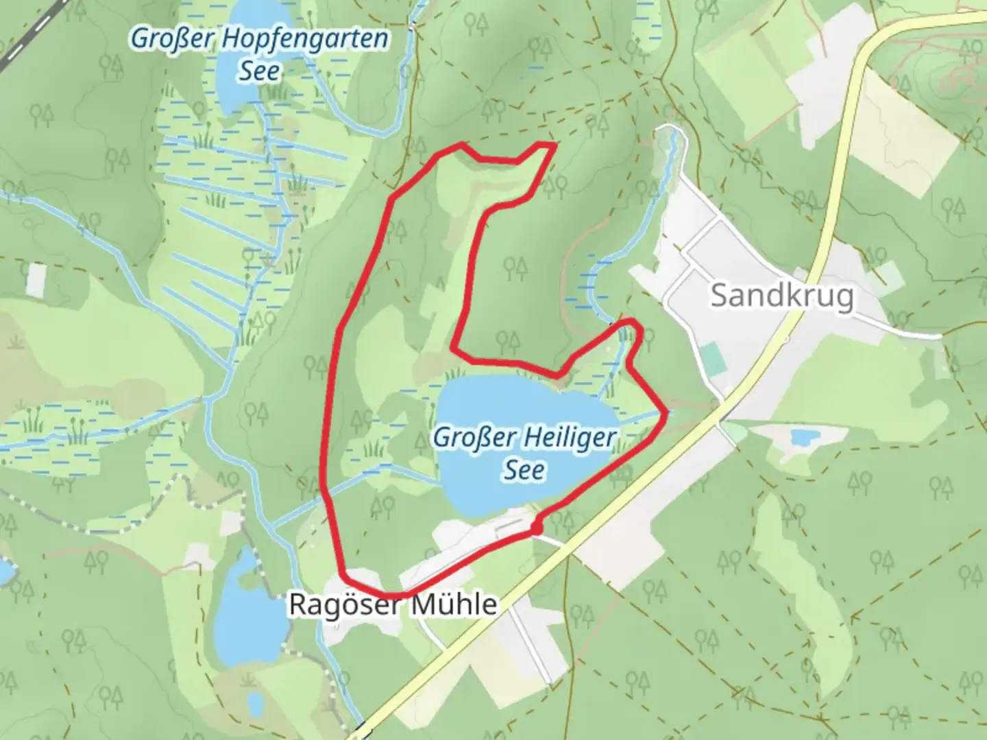 An image depicting the trail Großer Heiliger See via Ragöser Mühle and its surrounding area.