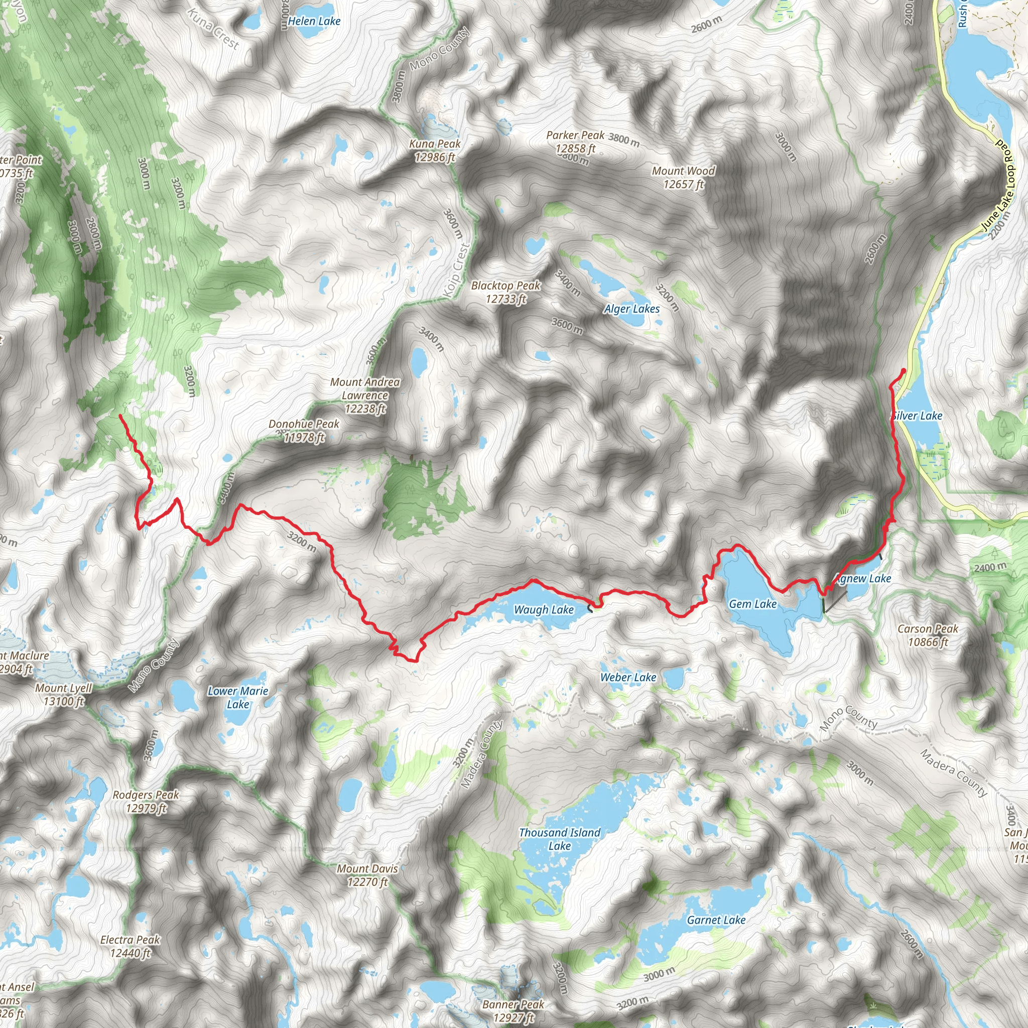 Gem Lake, Waugh Lake and John Muir Trail mobile static map