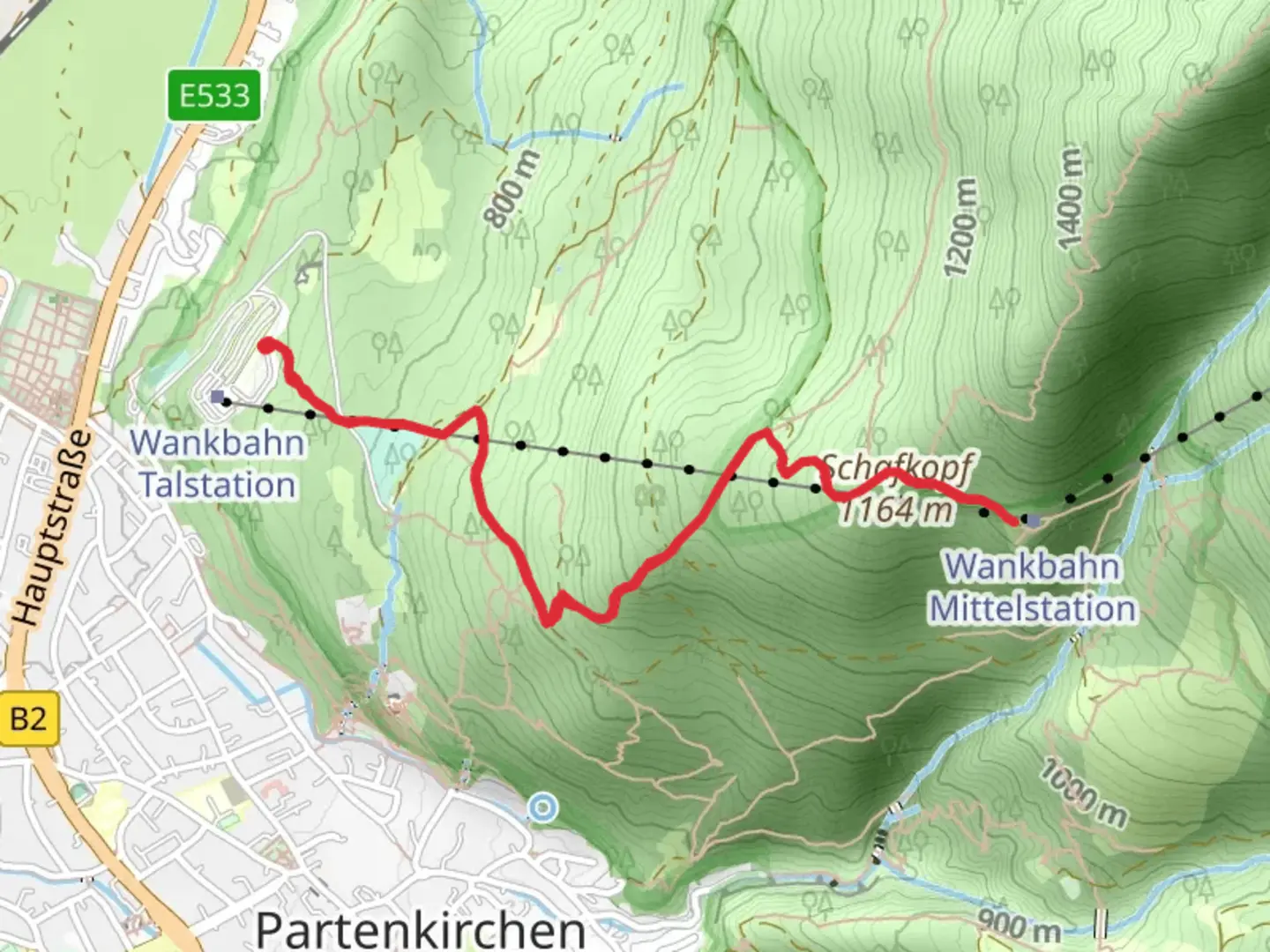 An image depicting the trail Schafkopf and Wankbahn Mittelstation and its surrounding area.