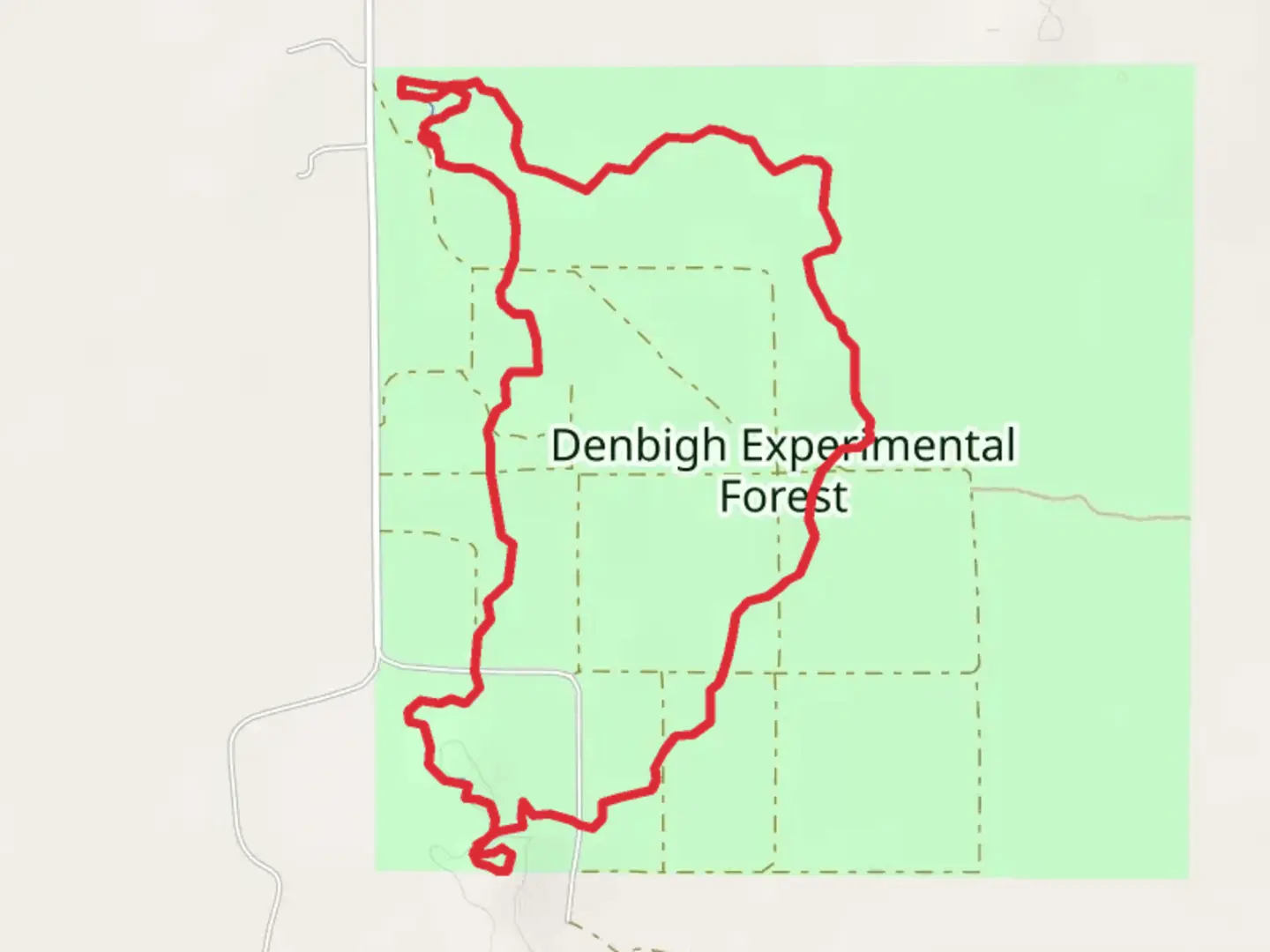 An image depicting the trail Denbigh Experimental Forest Loop Trail and its surrounding area.