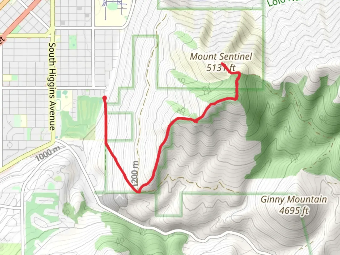 An image depicting the trail Mount Sentinel from Maurice Avenue and its surrounding area.
