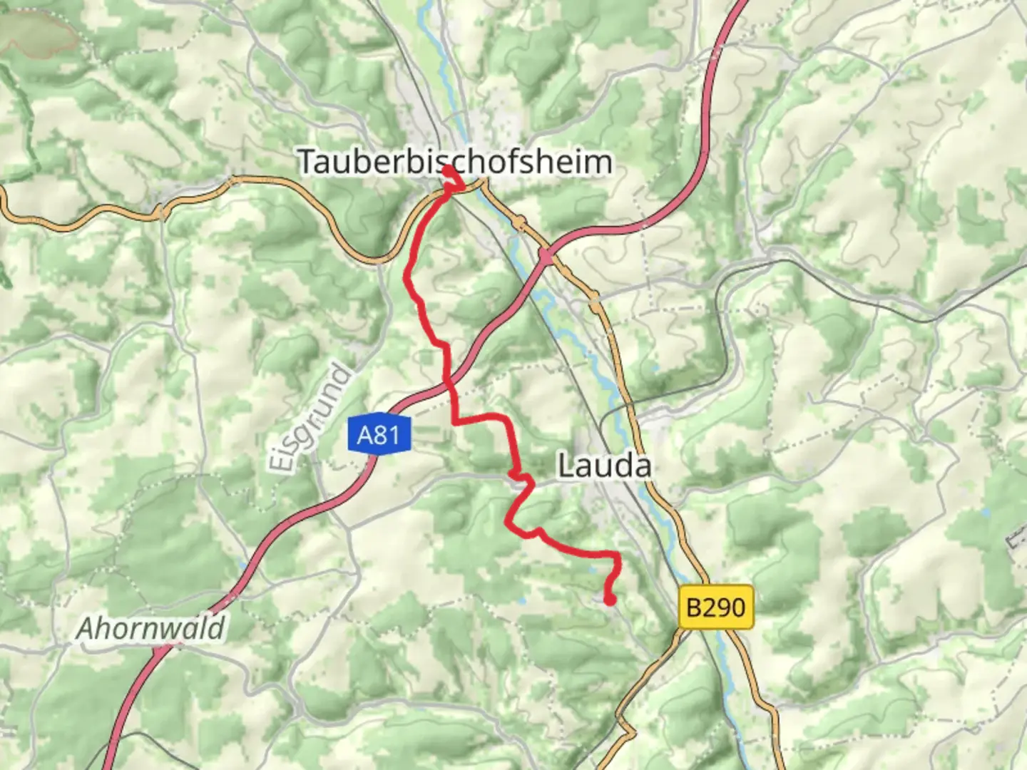 An image depicting the trail Tauberbischofsheim to Beckstein via Romantische Strasse and its surrounding area.