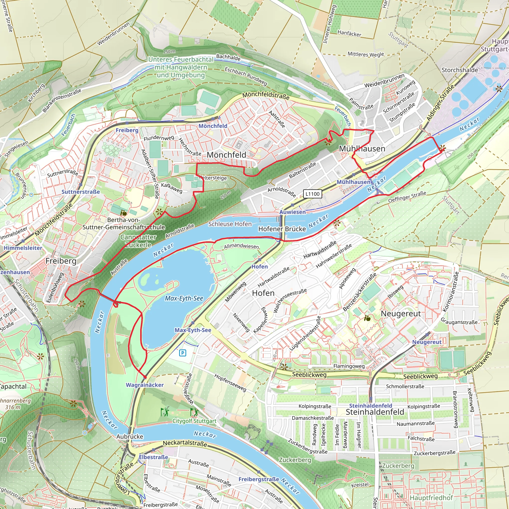 Max Eyth See and Neckar Loop via 4 Burgen Rundwanderweg Muehlhausen mobile static map