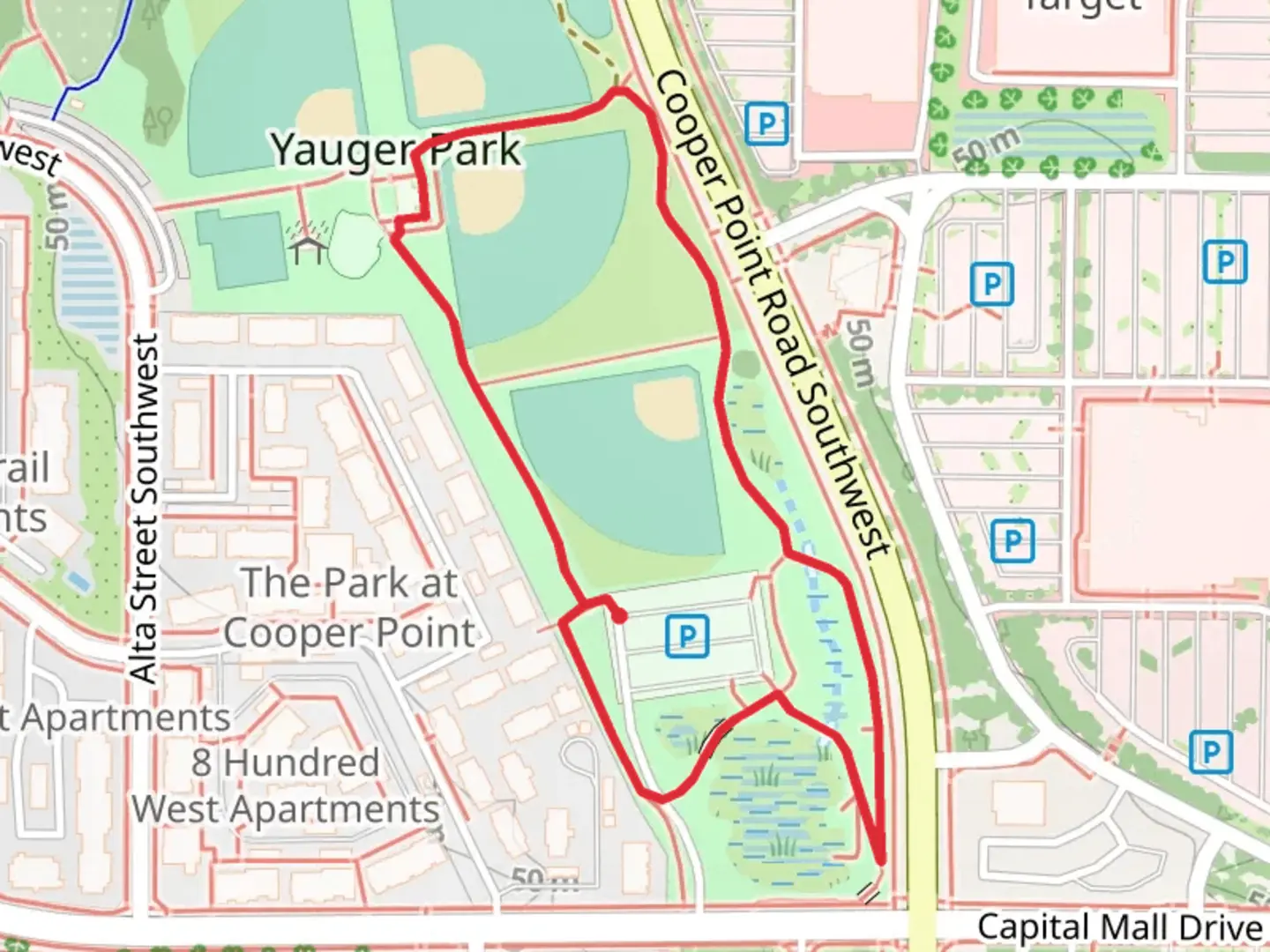 An image depicting the trail Yauger Park Loop and its surrounding area.