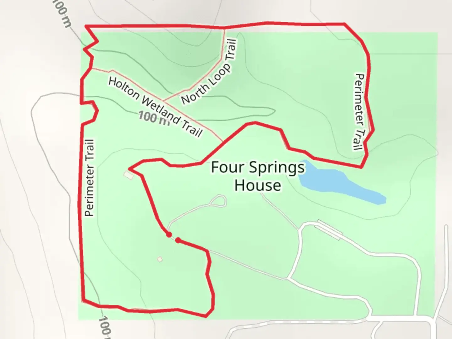 An image depicting the trail Perimeter Trail and avine Dropp Off Trail and its surrounding area.