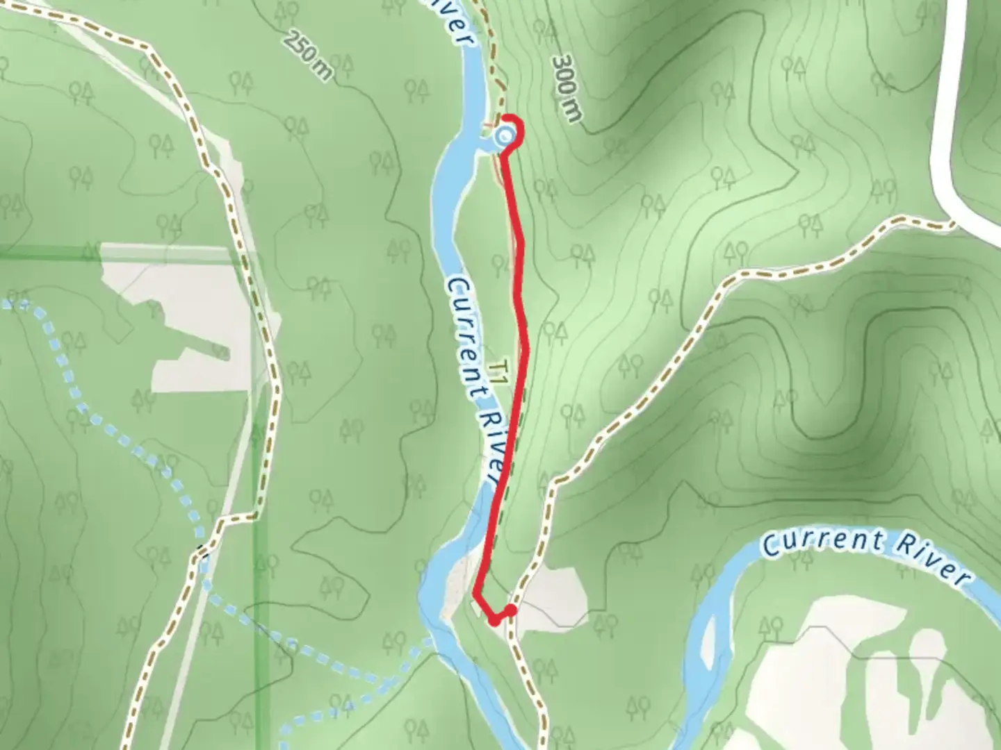 An image depicting the trail Walk along Current River and its surrounding area.
