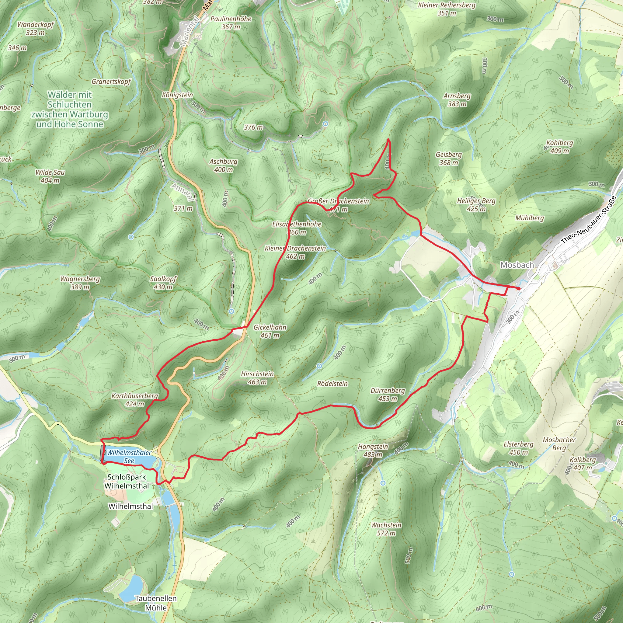 Großer Drachenstein, Elisabethenhöhe and Wilhelmsthaler See Loop via Urwaldpfad Eisenach mobile static map