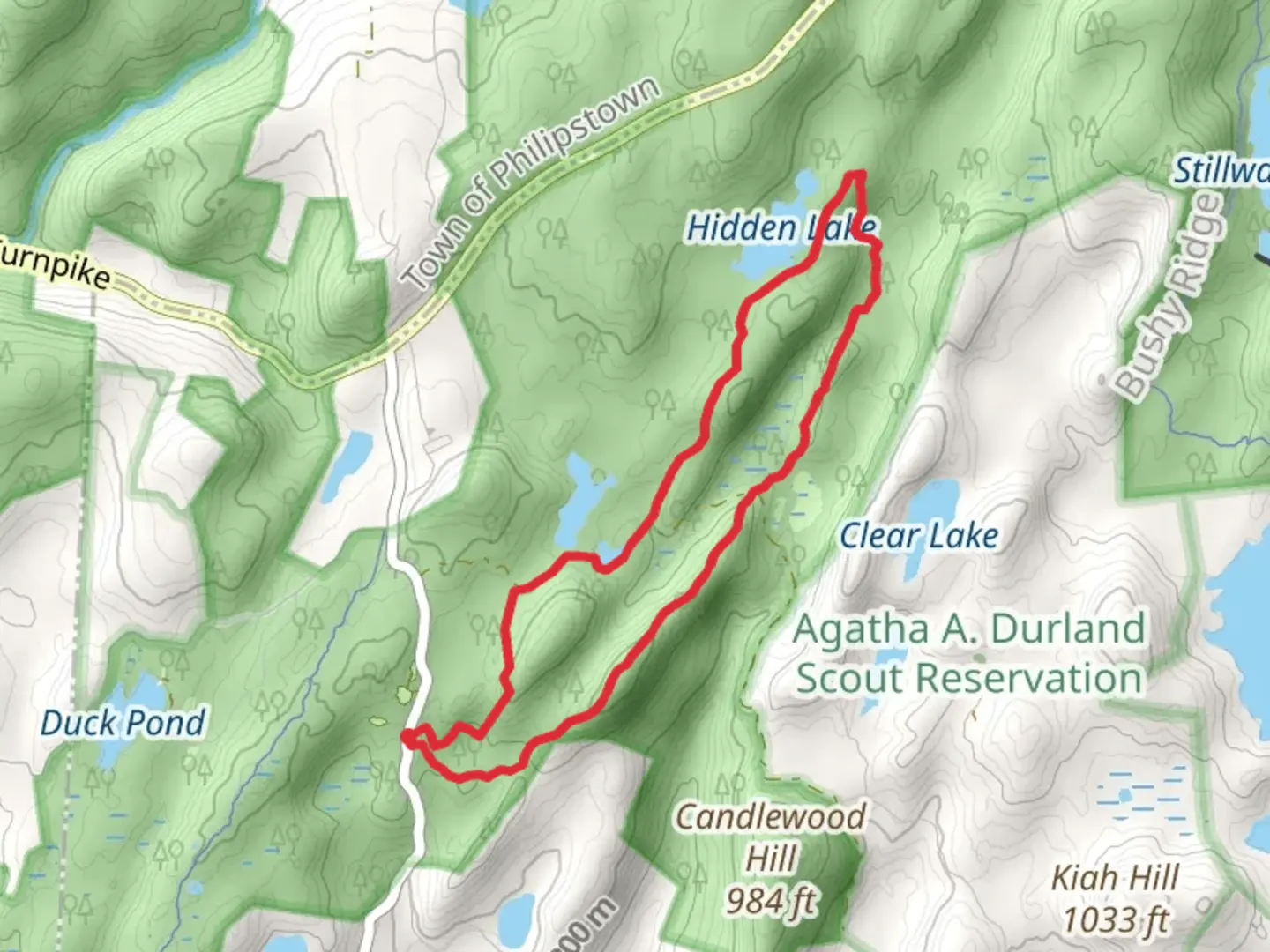 An image depicting the trail John Allen Pond and Hidden Lake and its surrounding area.