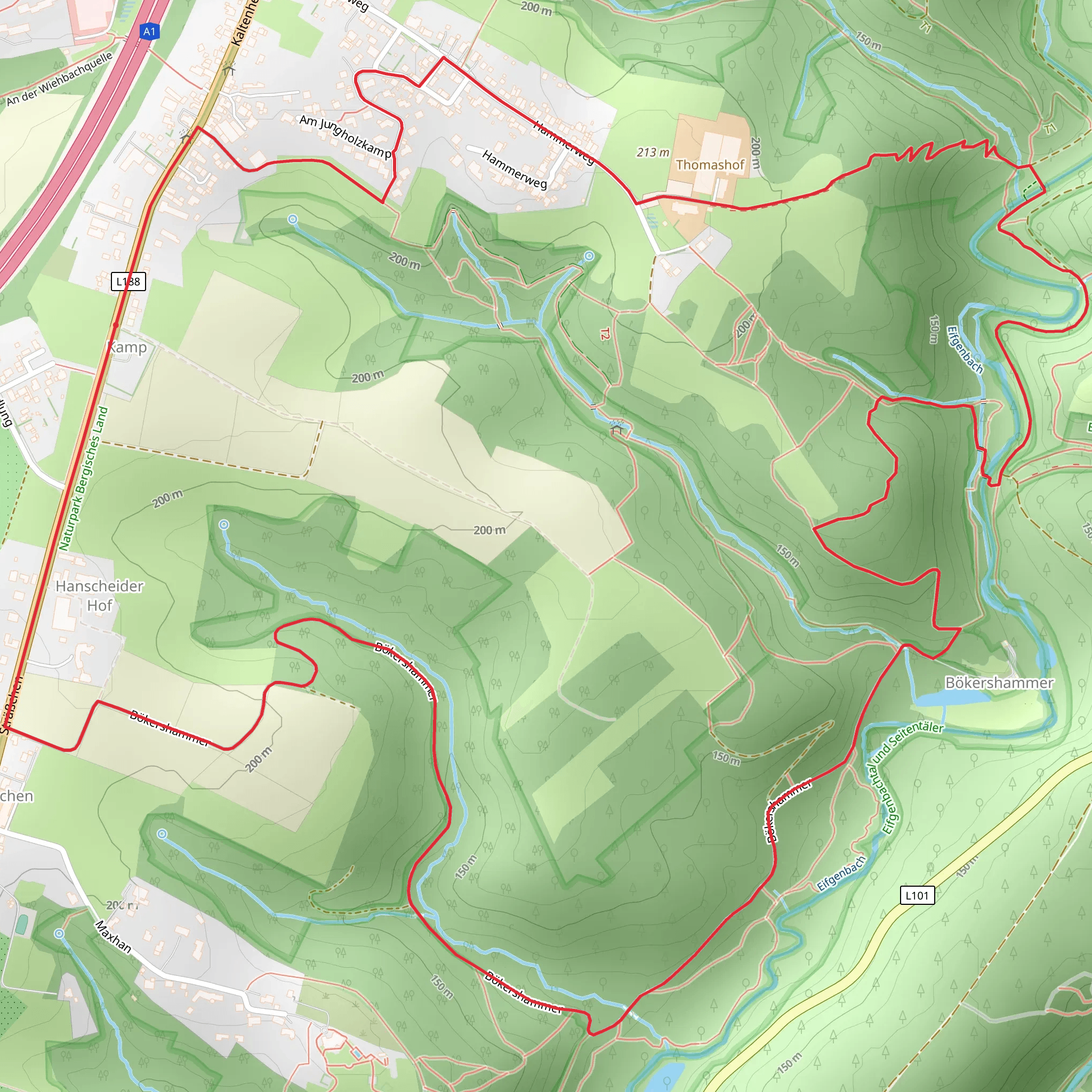 Hammerweg Rundweg and Bergischer Weg Loop mobile static map