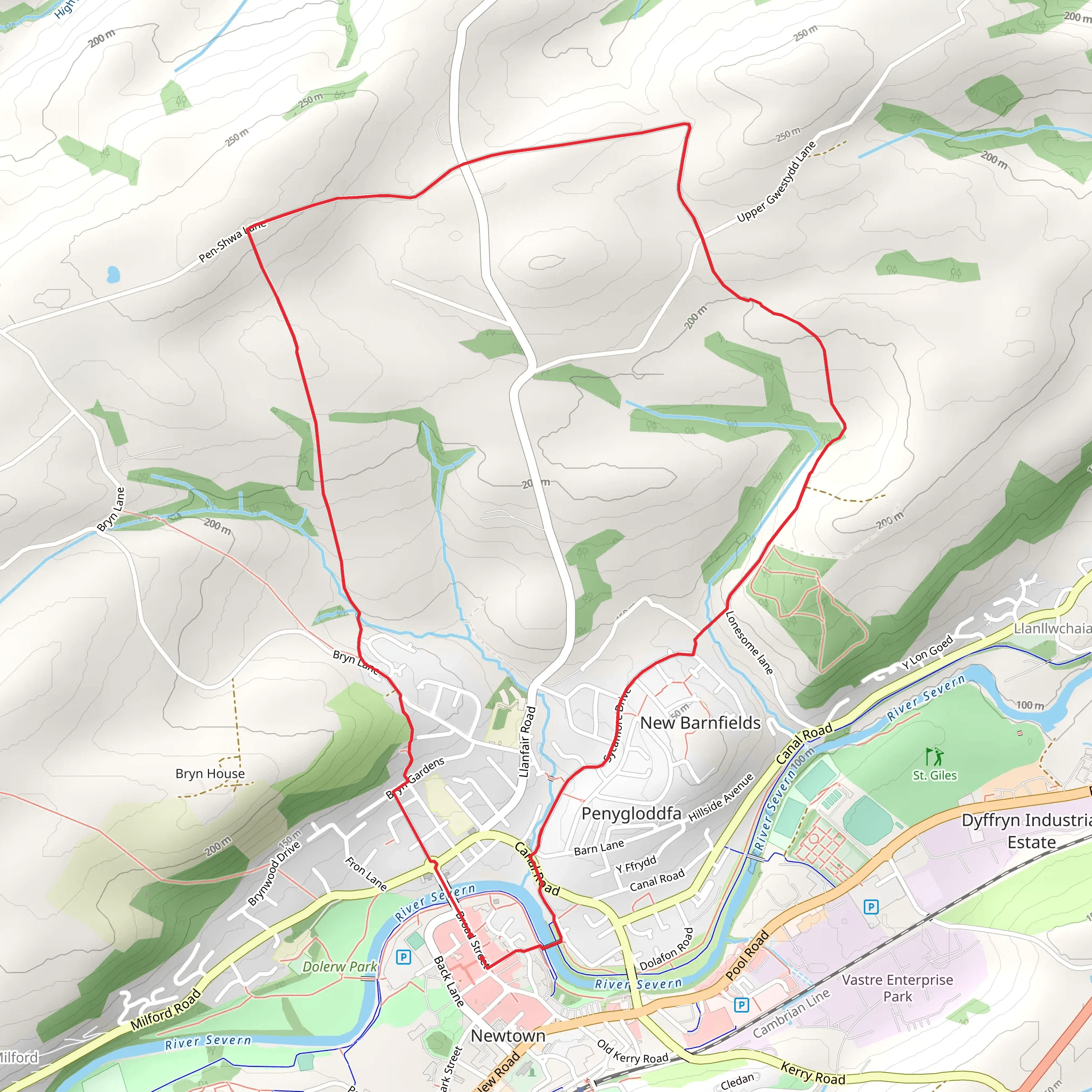 Ffrydd Farm and Penshwa Lane from Newtown - Y Drenewydd mobile static map